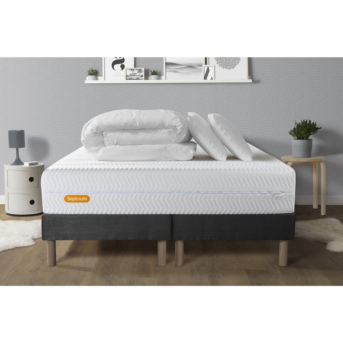 SEPTNUITS PACK Matelas + double sommiers gris  Memo Bio  Mousse à mémoire de forme 5 zones de confort Maxi épaisseur