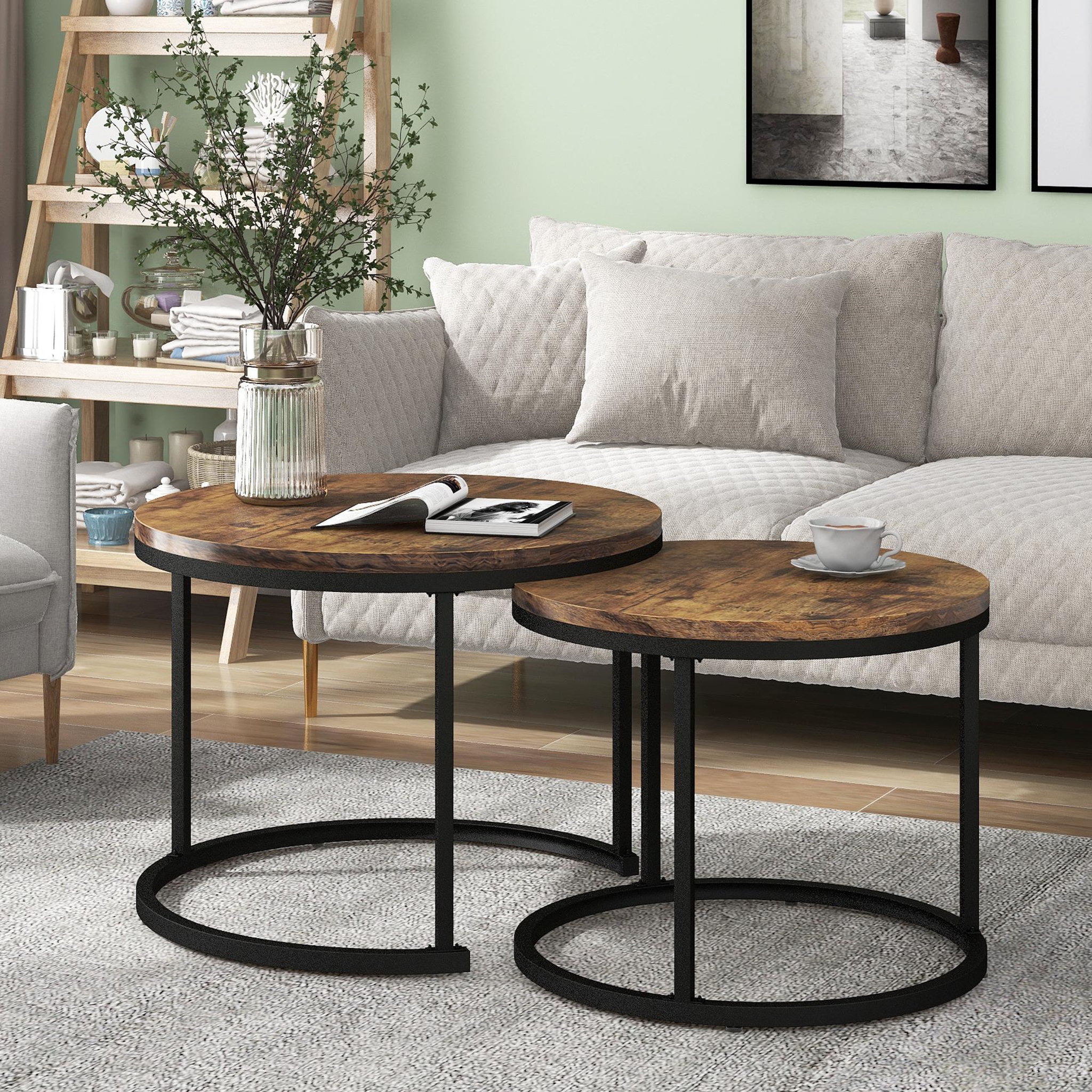 Voir la diapositive 2 : MERAX Ensemble De 2 Tables Basses Rondes Avec Cadre En Métal Et Plateau En Panneaux Placage Marbre Marron