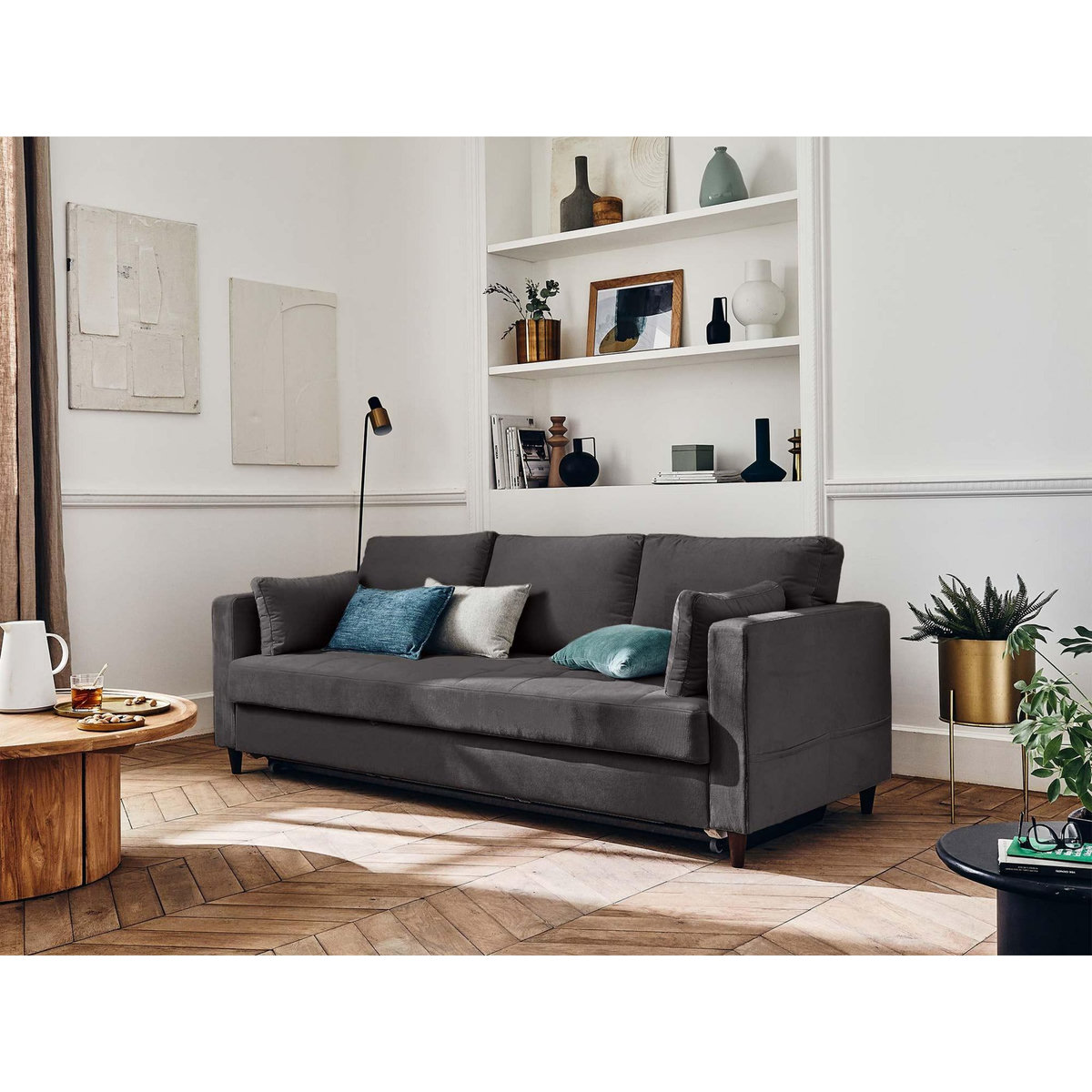 LISA DESIGN Anna - canapé droit 3 places convertible avec poche en velours