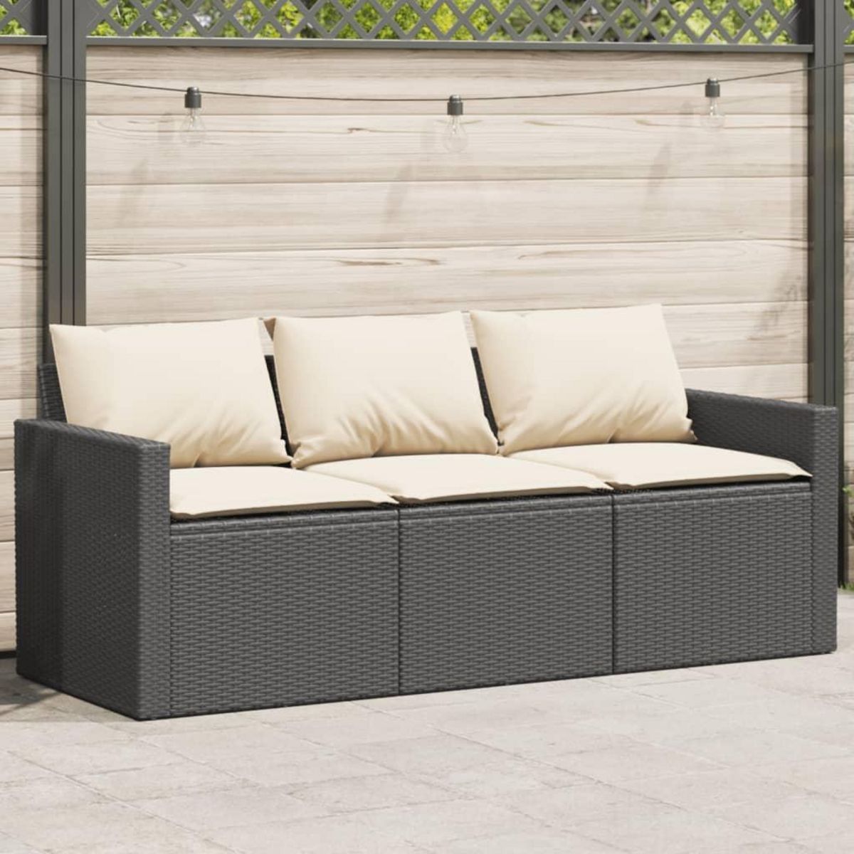VIDAXL Canape de jardin avec coussins 3 places noir resine tressee