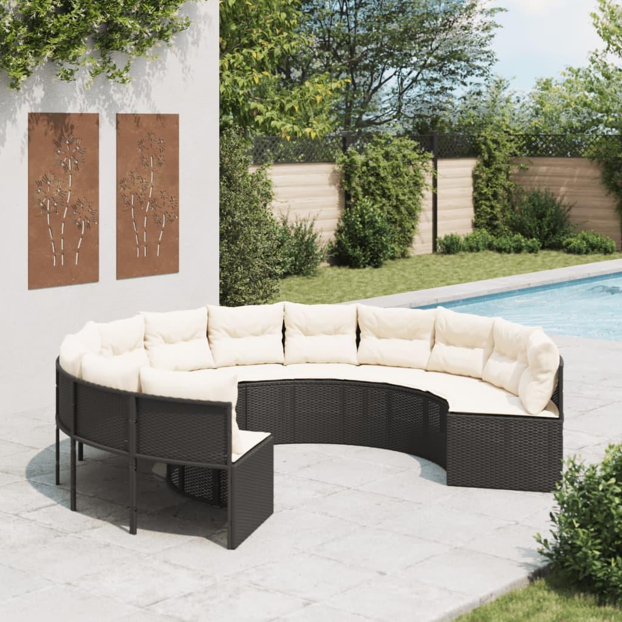VIDAXL Canape de jardin avec coussins rond noir resine tressee