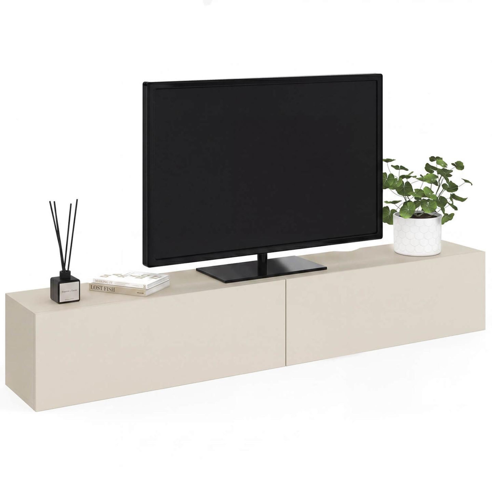 ID MARKET Meuble tv 180 cm suspendu elio 2 portes beige