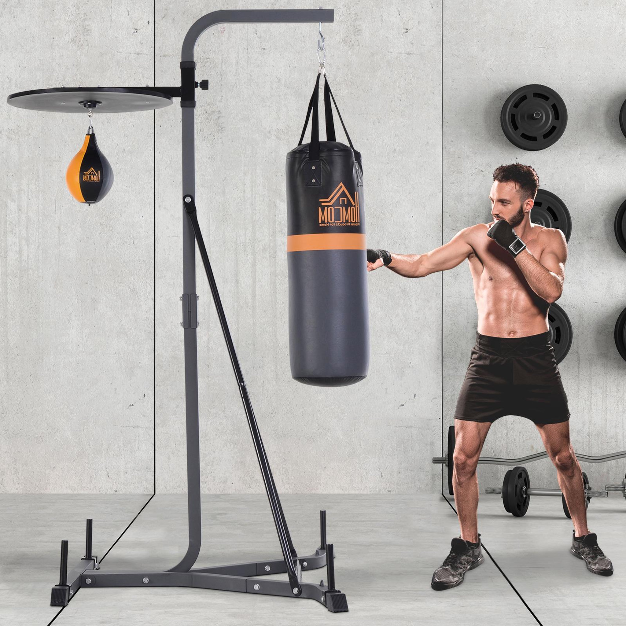 Voir la diapositive 2 : HOMCOM Portique sac de frappe plateforme station de boxe complète avec sac de frappe + poire de vitesse hauteur réglable 5 niveaux pompe à air fournie acier noir gris