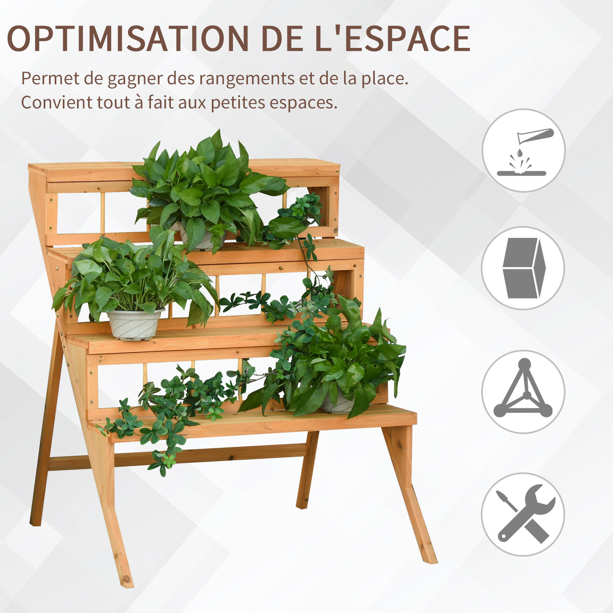 Voir la diapositive 5 : OUTSUNNY Étagère échelle à fleurs en bois - porte plante bois 4 étagères - bois sapin pré-huilé