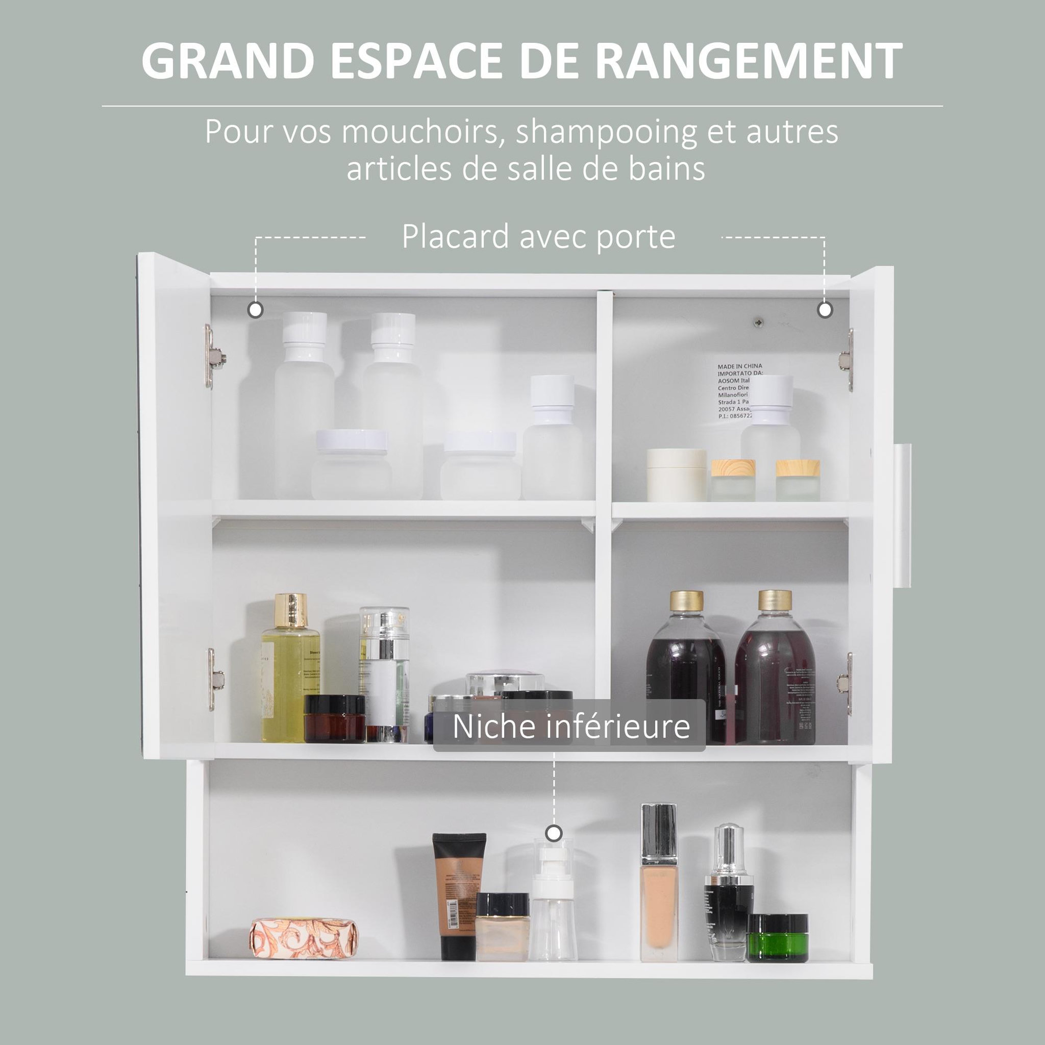 Voir la diapositive 5 : KLEANKIN Armoire murale miroir de salle de bain - 2 portes, étagères, niche - dim. 54l x 15,2l x 55,3h cm - mdf blanc