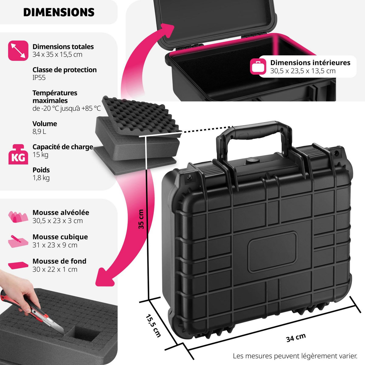 tectake Valise étanche pour appareil photo  noir M