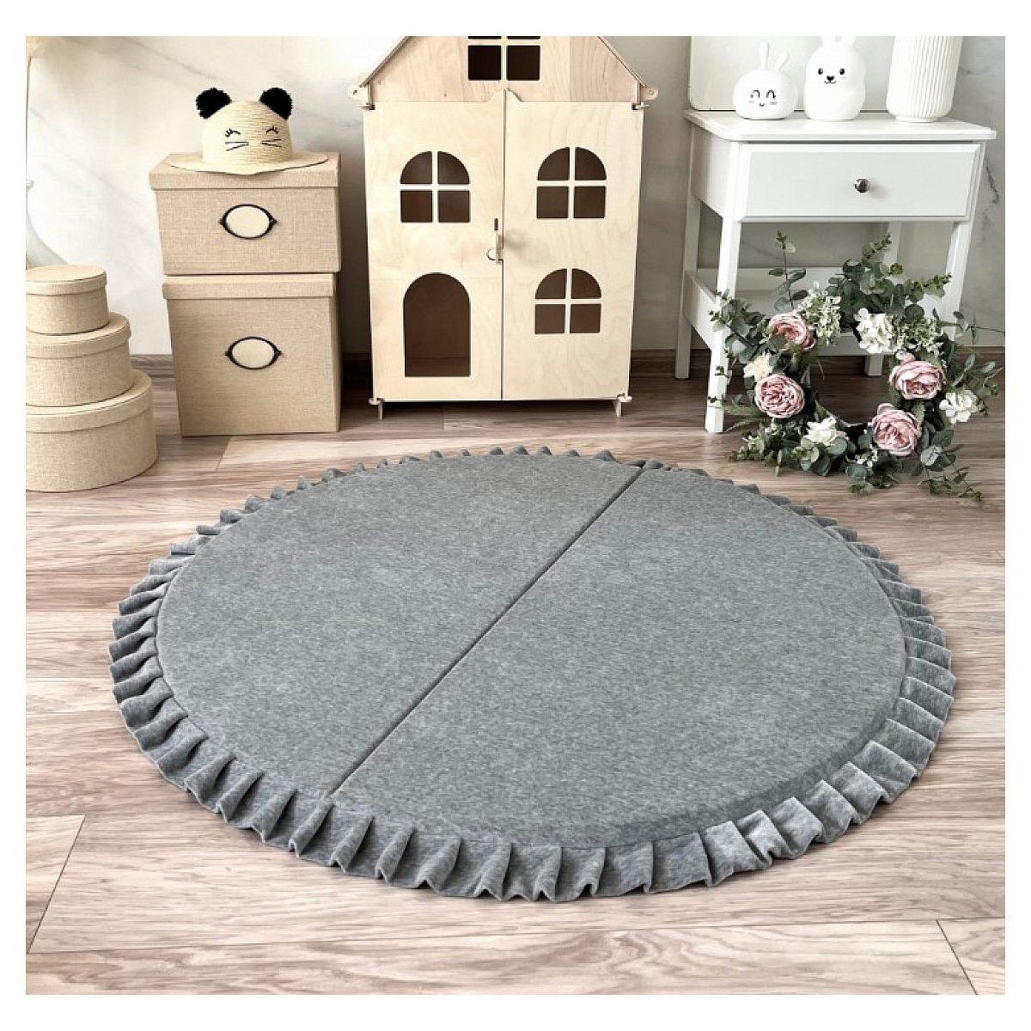 Voir la diapositive 2 : MONIO FOR KIDS Tapis de jeu pliable en velours 125 rond gris