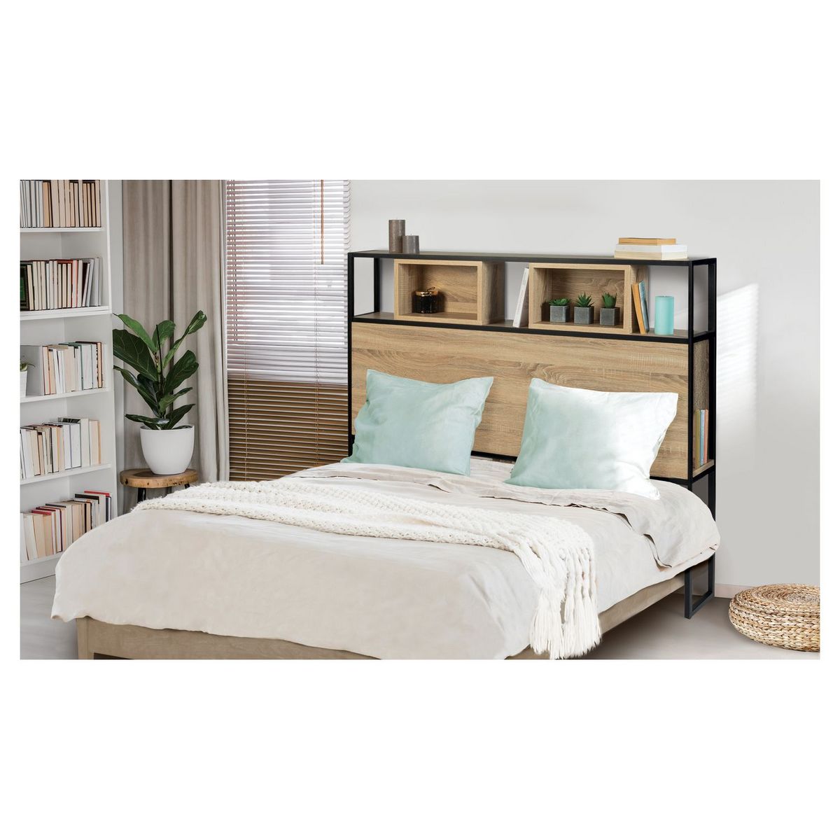 Tête de lit avec niches de rangements esprit industriel pour lits 140 HOUSTON