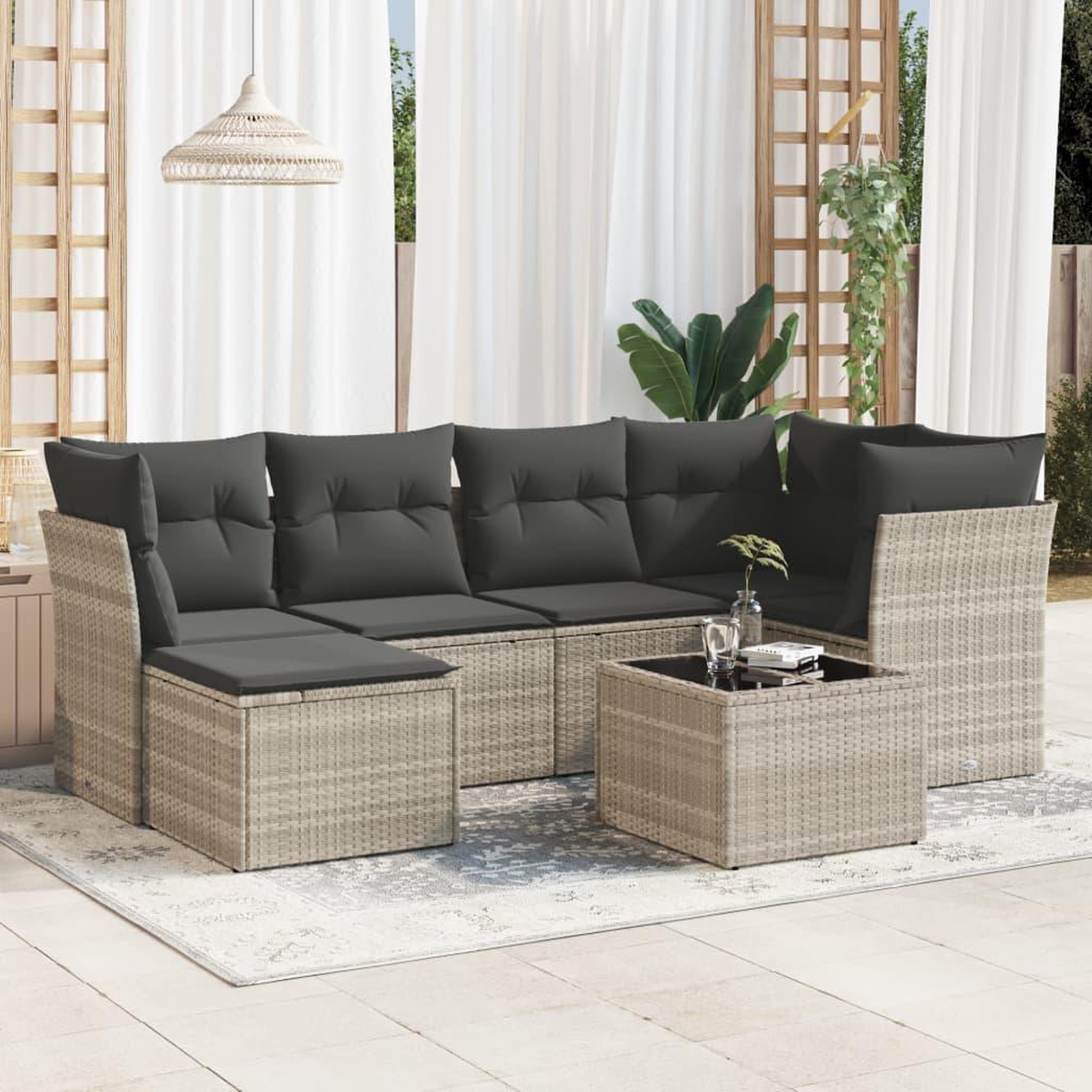 VIDAXL Salon de jardin avec coussins 7 pcs gris clair resine tressee