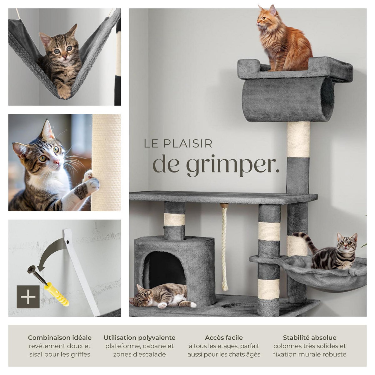 tectake Arbre à chat 141 cm avec griffoir et plateforme d'escalade gris