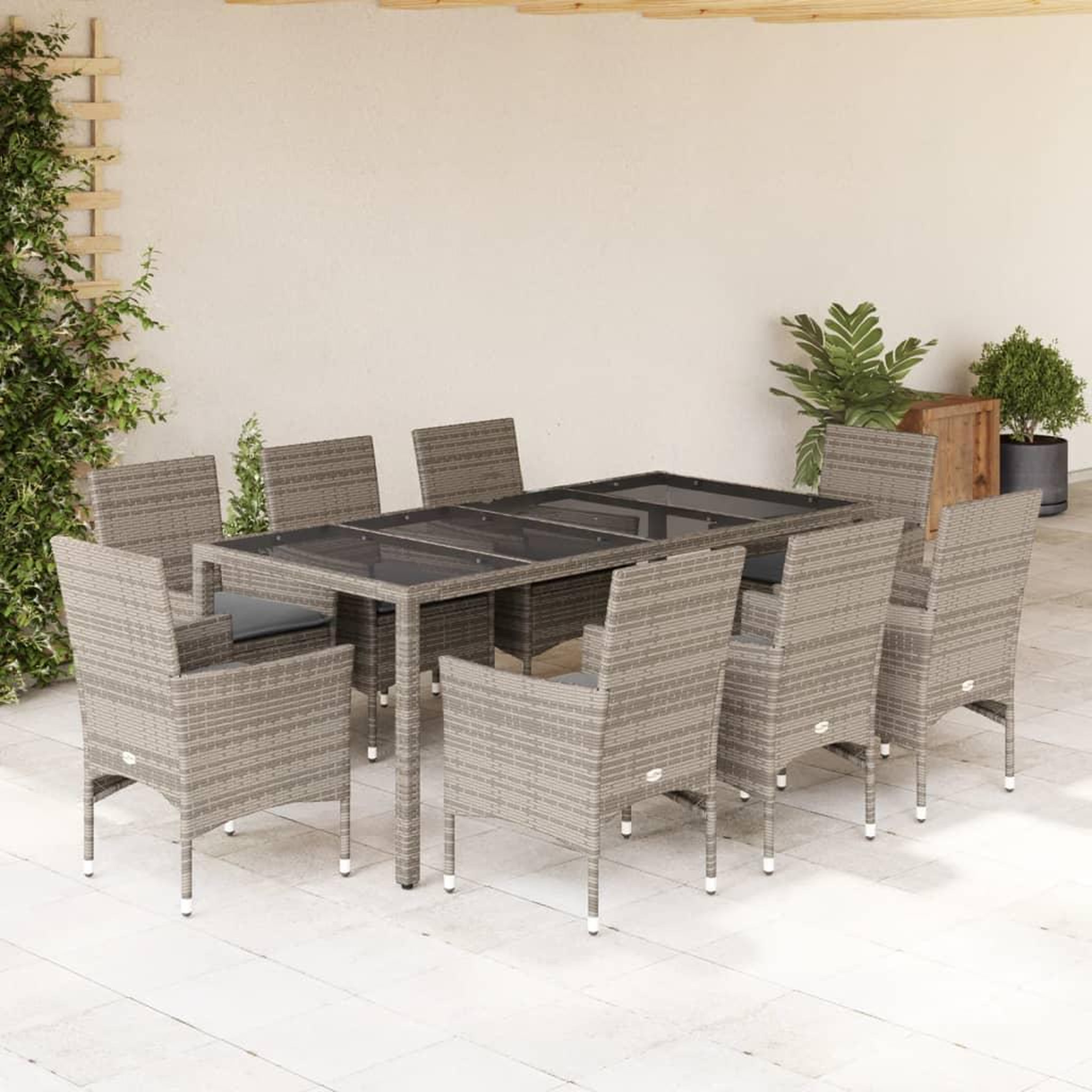 VIDAXL Ensemble a manger de jardin et coussins 9 pcs gris rotin verre