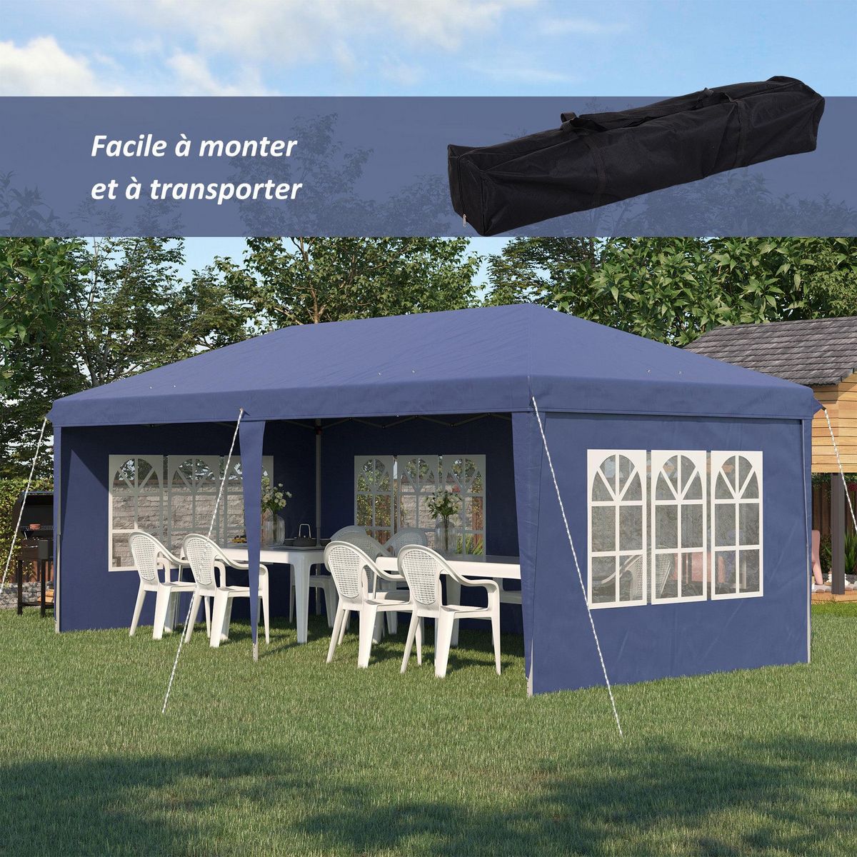 OUTSUNNY Tonnelle pop up pliante - barnum pliable - 4 cotés démontables - 4 fenêtres - acier oxford haute densité bleu