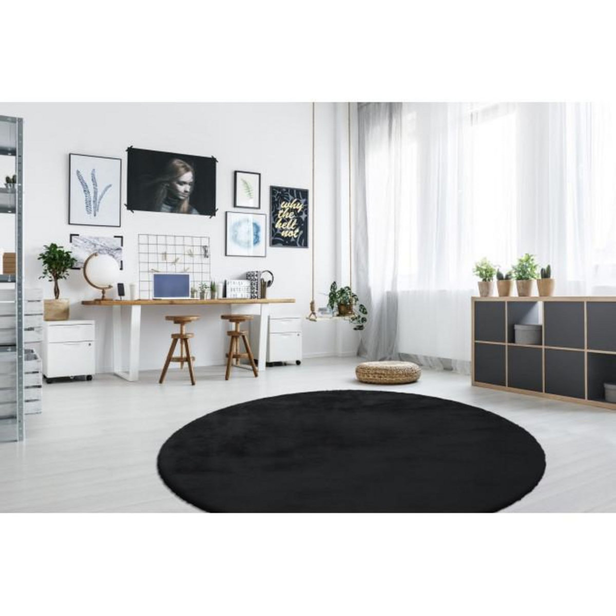 Paris Prix Tapis Rond à Poils Longs  Rabbit  160cm Anthracite