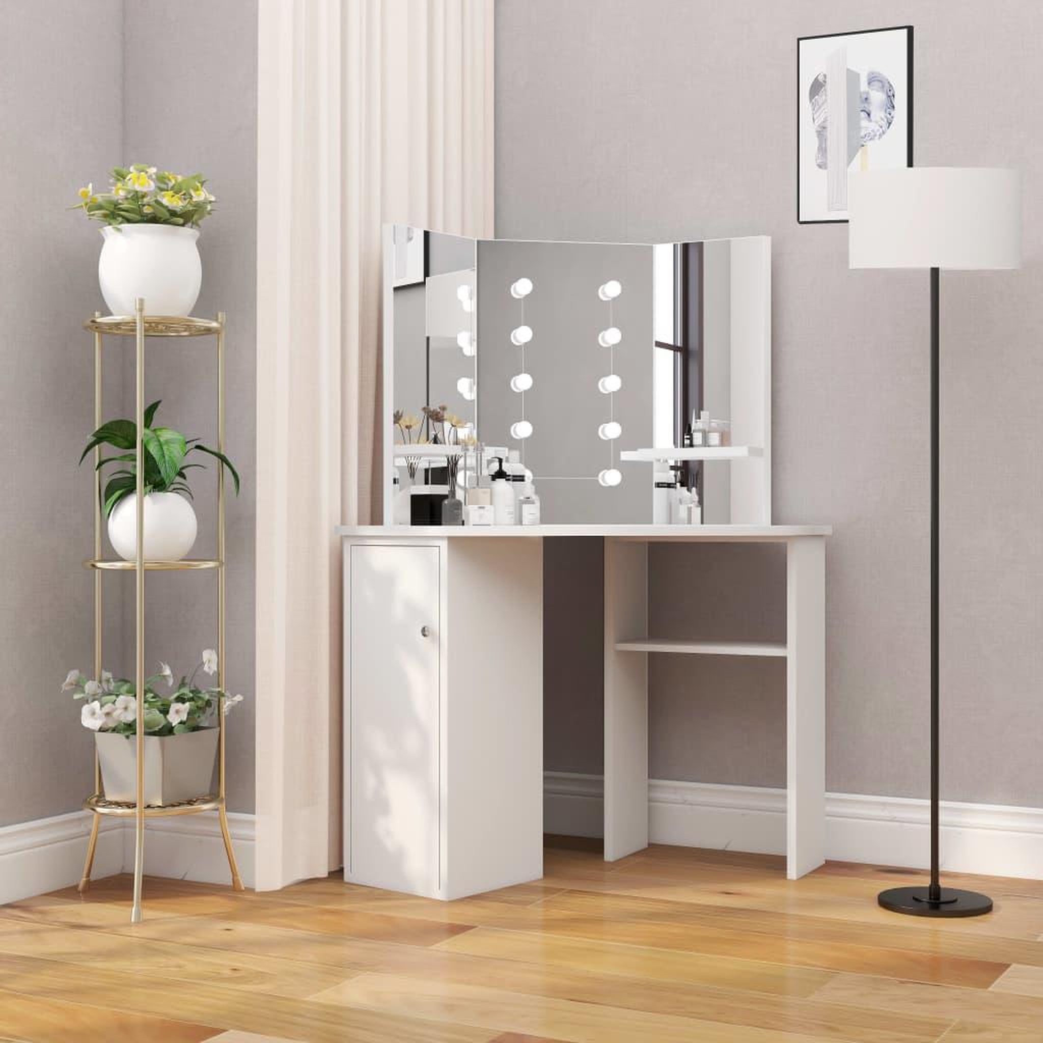 Voir la diapositive 1 : VIDAXL Coiffeuse d'angle table de maquillage lumiere LED Blanc clair
