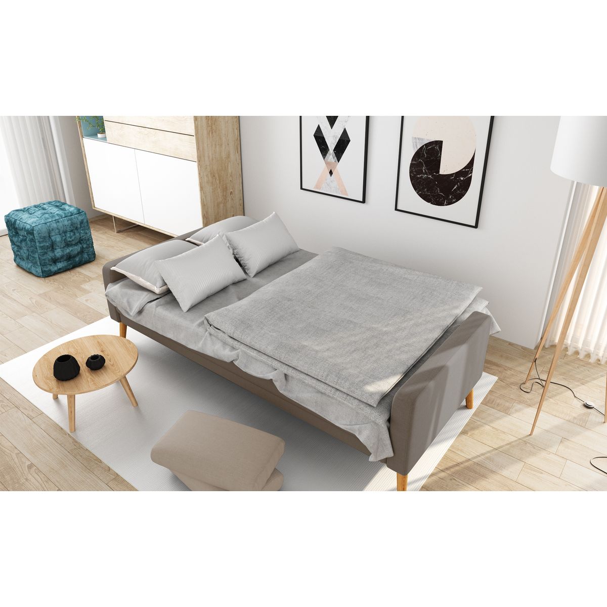 Canapé 3 places scandinave convertible NOVA, assise tissu pieds en bois