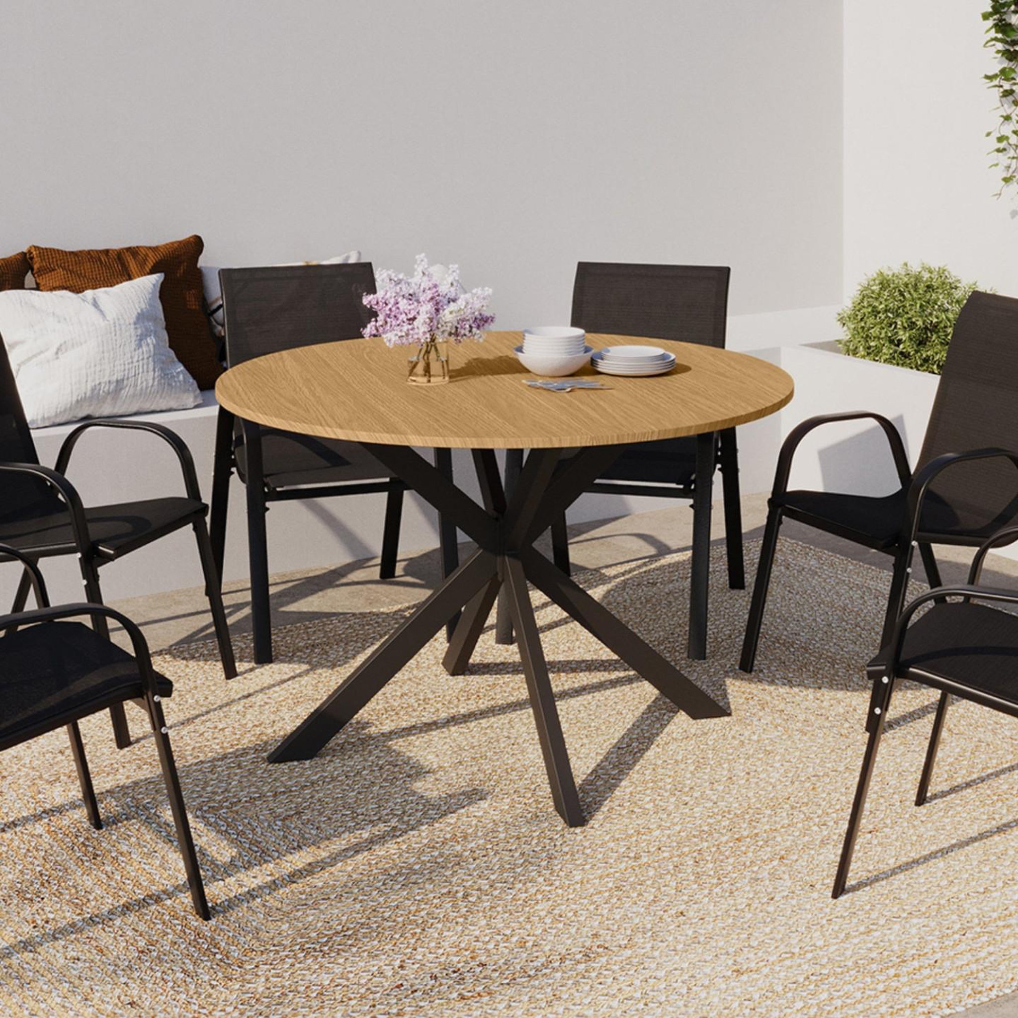 Voir la diapositive 2 : ID MARKET Table de jardin ronde messina 120 cm 6 personnes pied araignée plateau métal effet bois