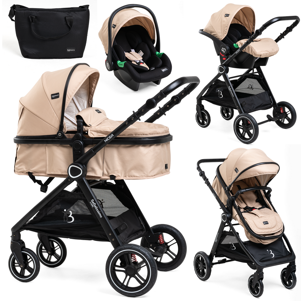 BEBELISSIMO BEBELISSIMO - Poussette combinée trio 3 en 1 - siège auto 0m – landau  – dès la naissance – jusqu'à 22kg – Nicea - beige
