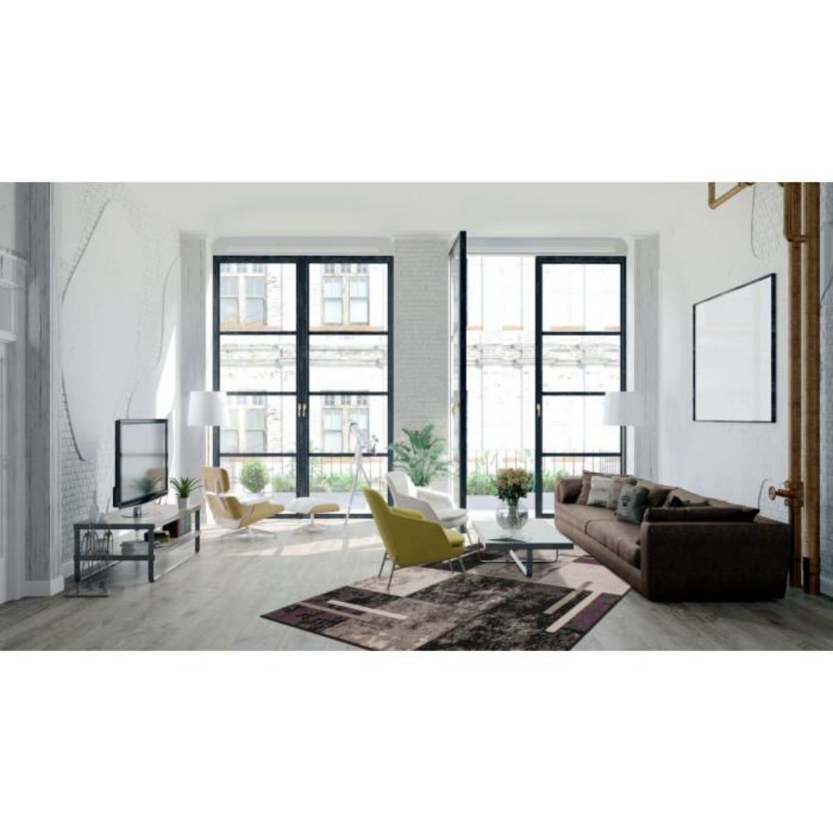 Paris Prix Tapis Rétro à Poils Courts  Rohullah  Gris & Ivoire