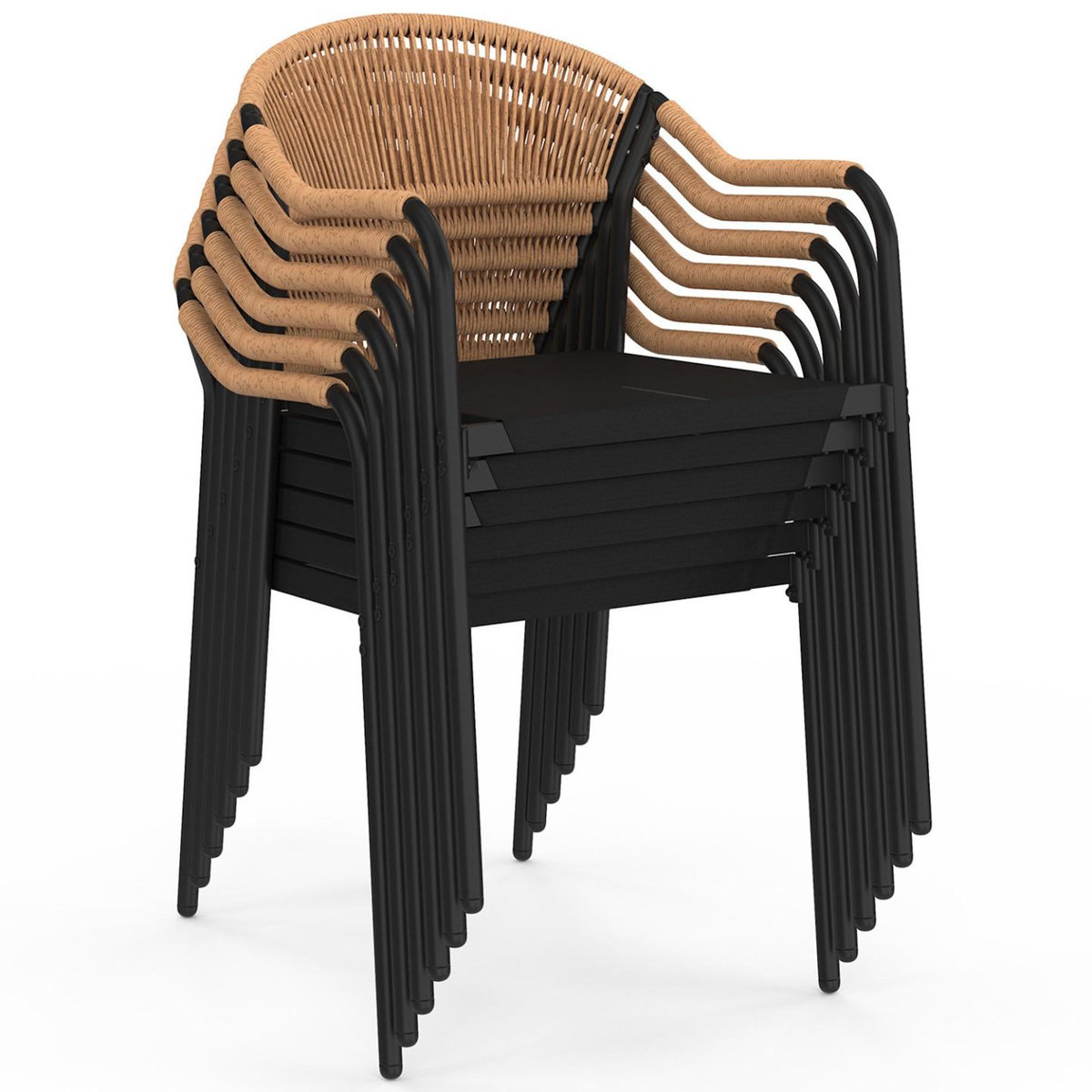 ID MARKET Salon de jardin MADEIRA table 190 cm et 8 chaises cordage et textilène noir et rotin clair