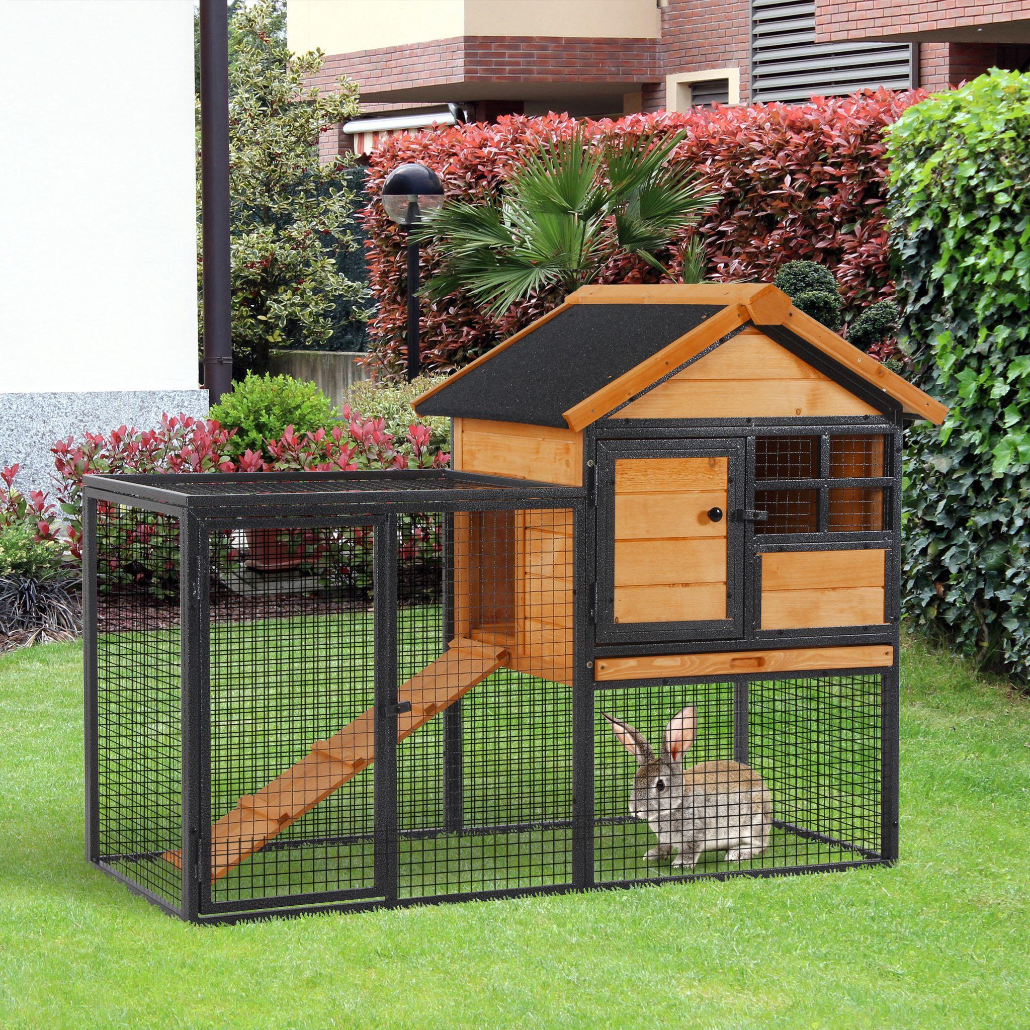 Voir la diapositive 2 : PAWHUT Clapier cage à lapins cottage - niche supérieure avec rampe et enclos extérieur - plateau excrément, fenêtre, 2 portes verrouillables - métal époxy pin pré-huilé