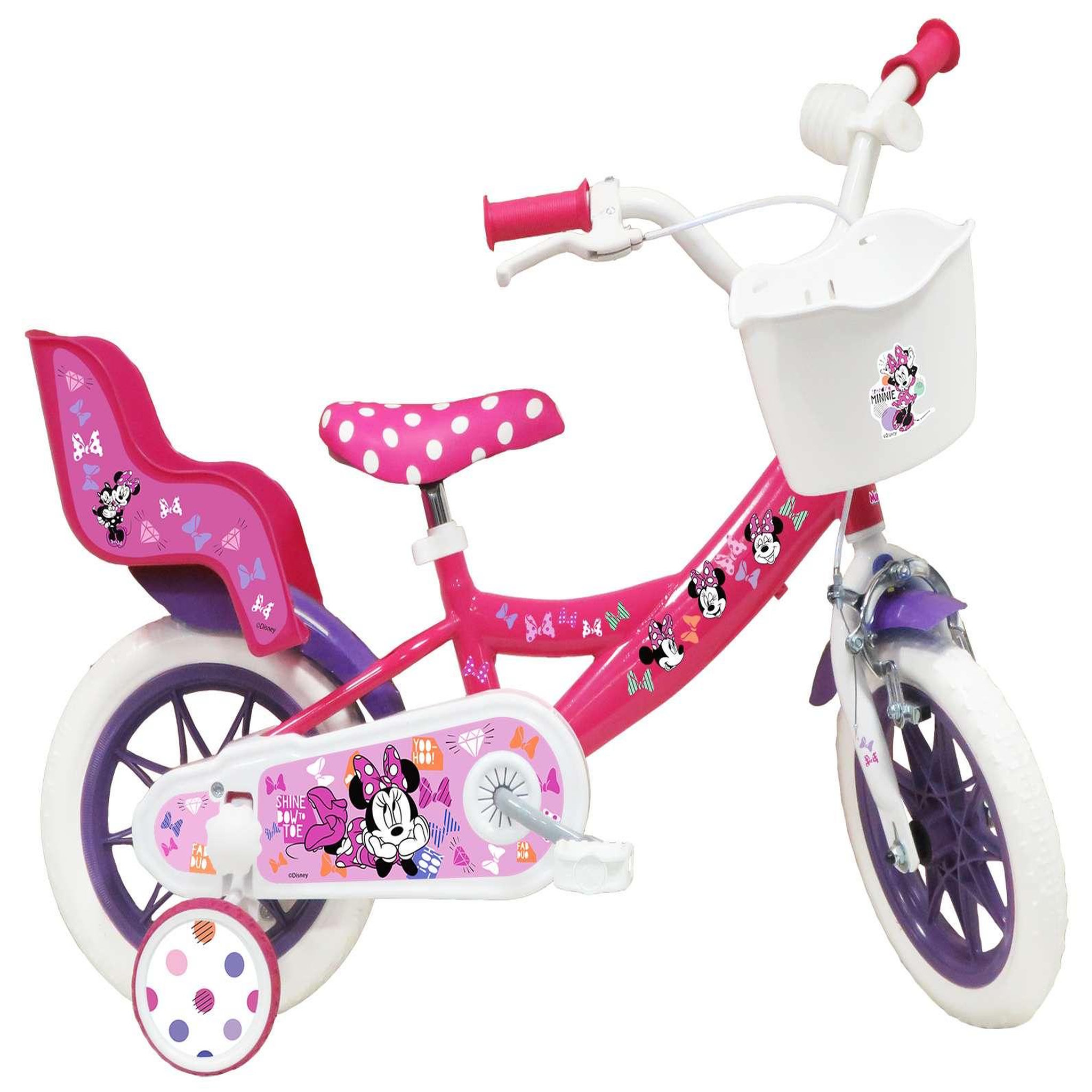 Disney Minnie Vélo enfant 12'' Fille - Modèle Minnie pour enfant de taille 85 à 100 cm avec stabilisateurs - 1 frein - Panier avant - Porte poupée arrière et roues bâtons