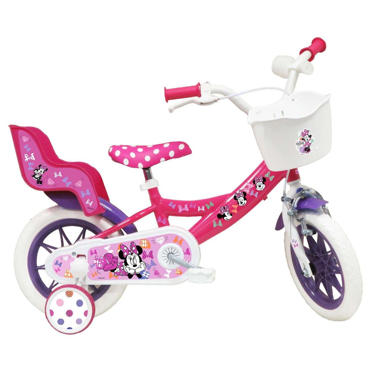 Disney Minnie Vélo enfant 12'' Fille - Modèle Minnie pour enfant de taille 85 à 100 cm avec stabilisateurs - 1 frein - Panier avant - Porte poupée arrière et roues bâtons