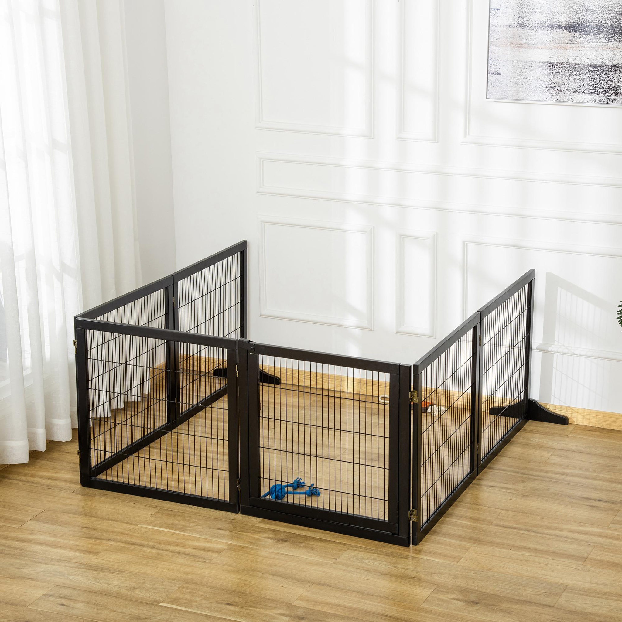 Voir la diapositive 2 : PAWHUT Barrière de sécurité parc enclos chien modulable pliable porte verrouillable intégrée 5 panneaux grillage acier noir bois de pin noir