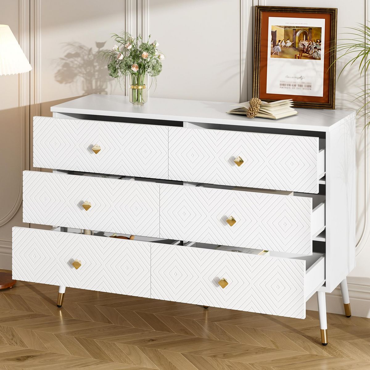 MERAX Commode 6 tiroir(s) 0 niche(s) coloris blanc largeur 120 cm panneaux de particules