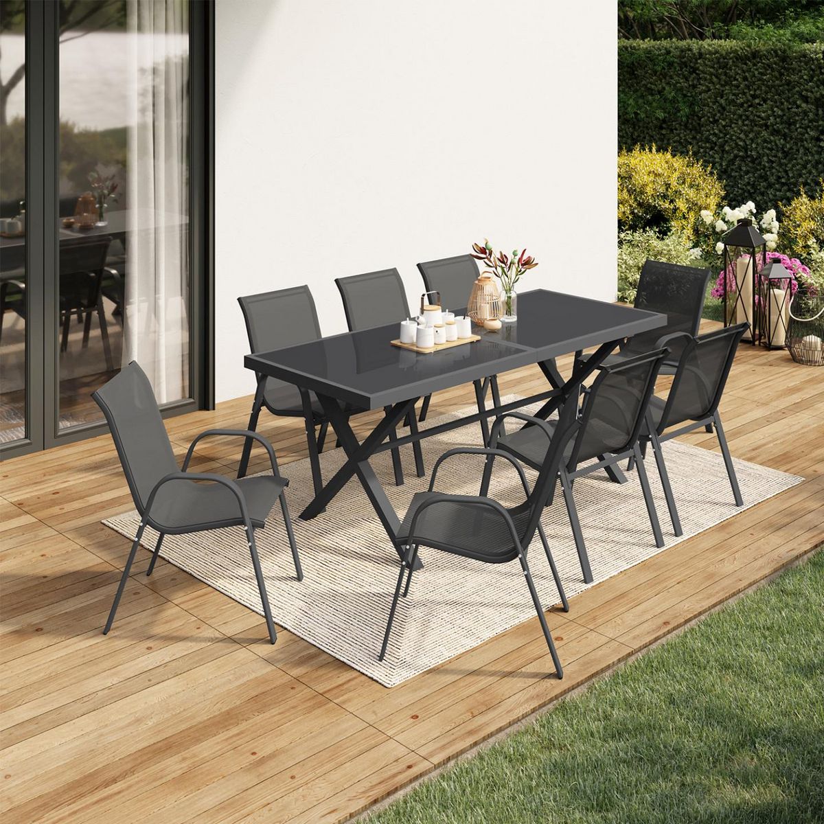 ID MARKET Salon de jardin SANTORIN table 190 cm pieds en croix et 8 chaises empilables gris anthracite
