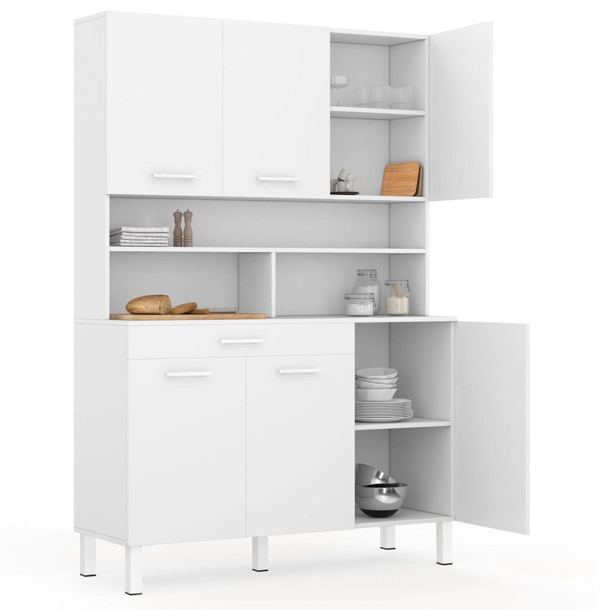 ID MARKET Buffet de cuisine 120 CM CINA 6 portes + tiroir blanc et blanc brillant