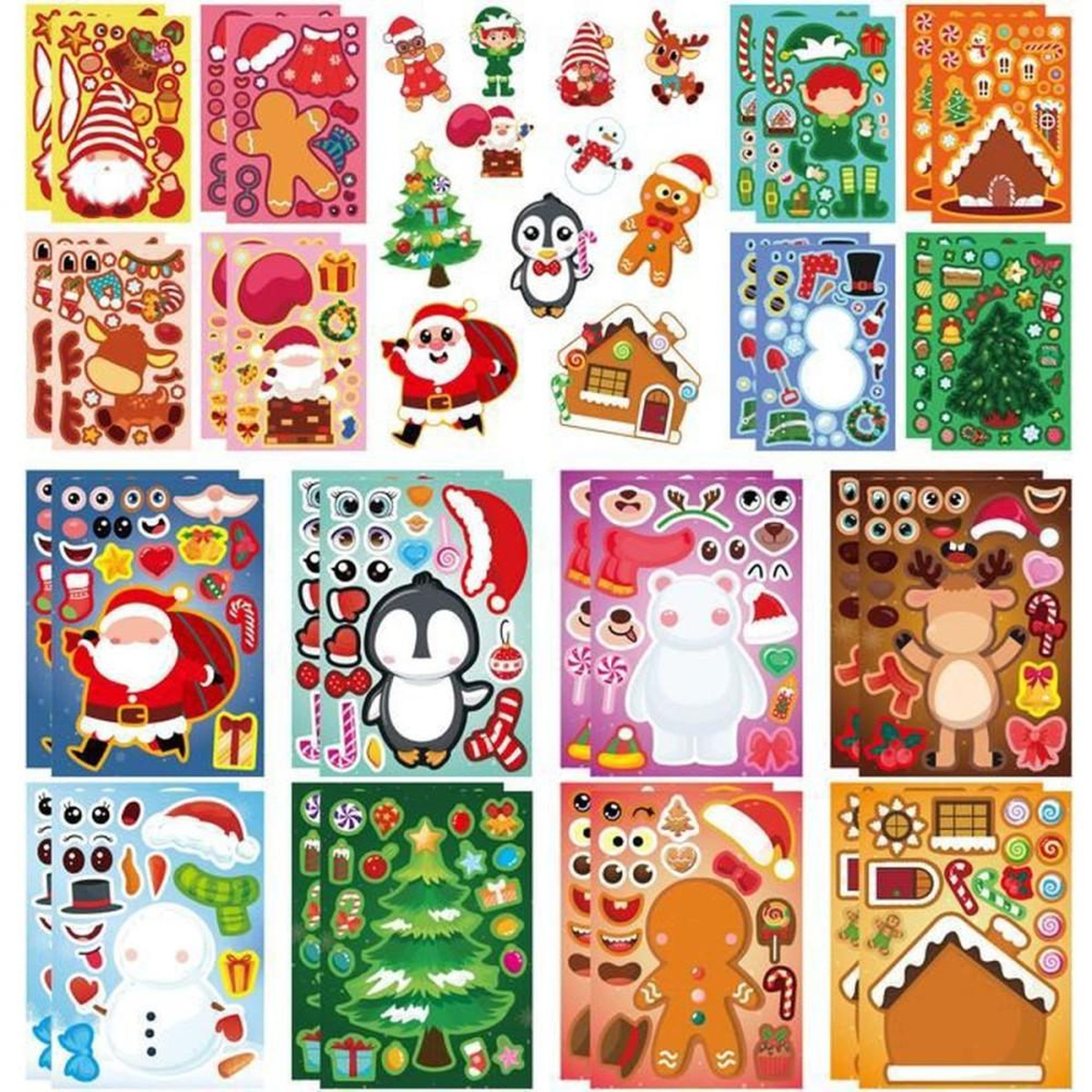 Set de stickers Noël DIY 32 pièces, 16 motifs colorés (Père Noël, rennes, bonhommes en pain d'épices)