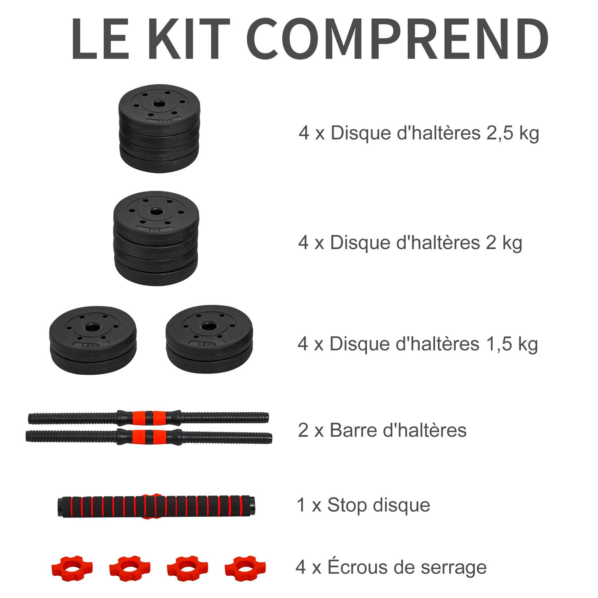 Voir la diapositive 4 : HOMCOM Ensemble d'haltères courtes total 25 kg - barres incluses - entraînement musculaire & haltérophilie - acier hdpe noir rouge