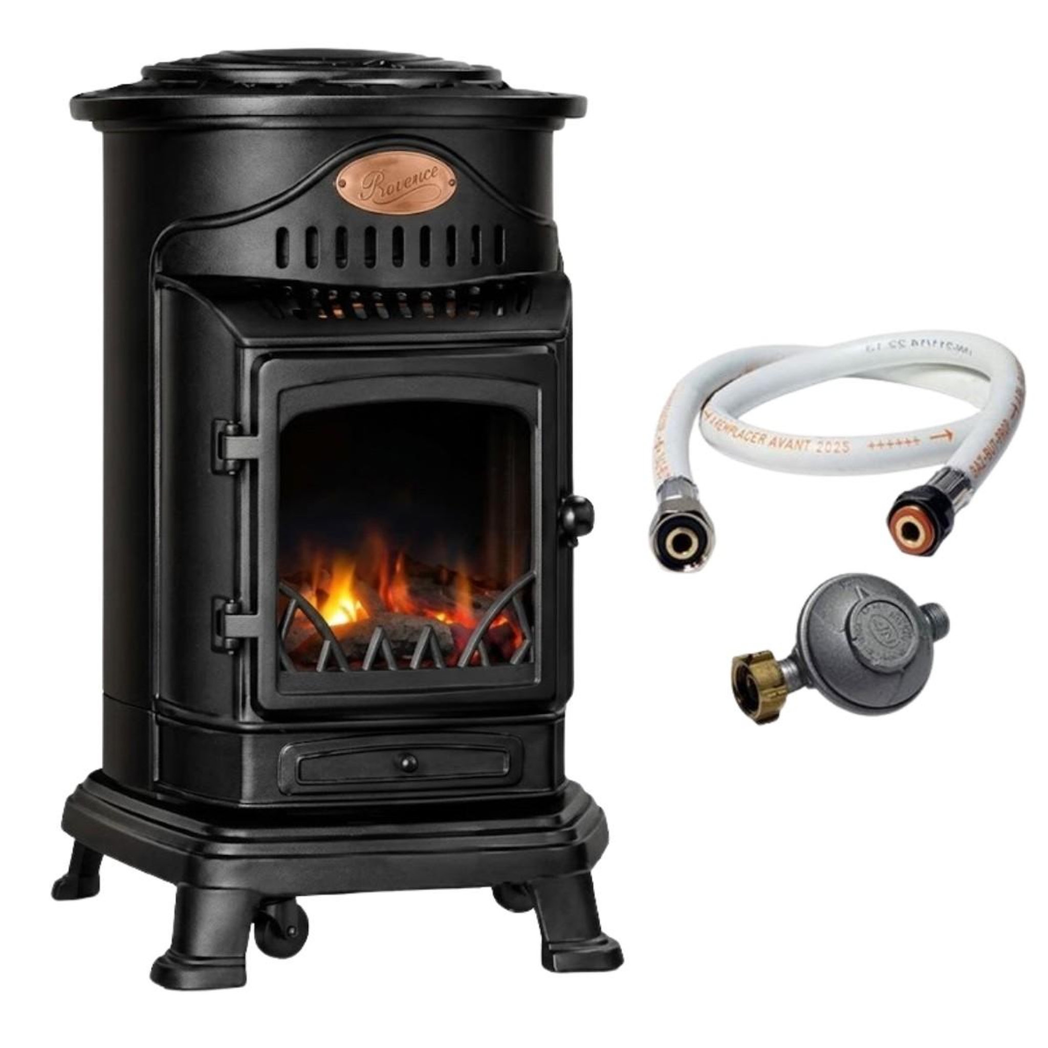 UNIVERSAL Poêle à gaz 3,4KW NOIR Fonte Véritable Effet feu de bois + Tuyau gaz + Détendeur butane Provence Sahara