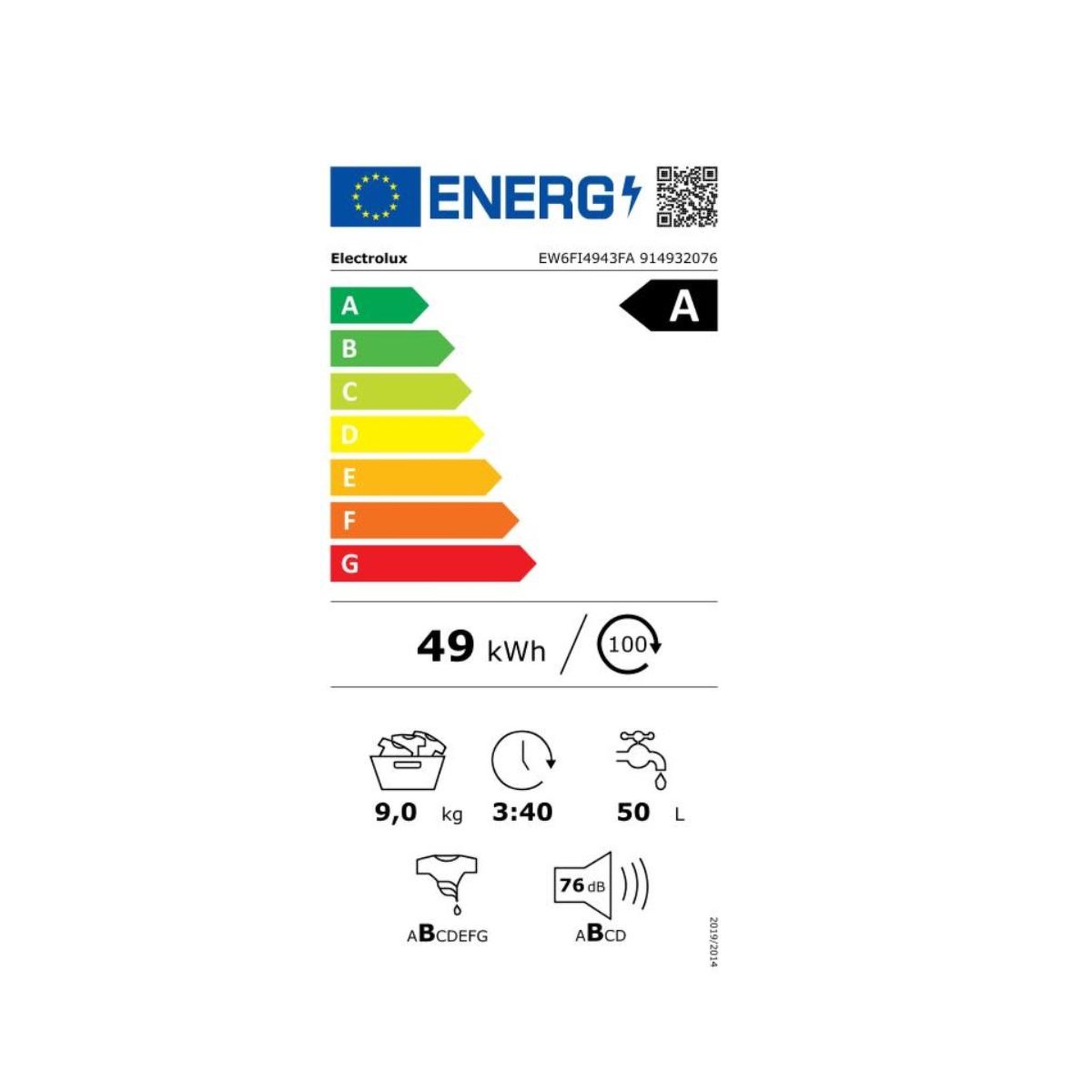 Voir la diapositive 2 : ELECTROLUX Lave-linge frontal 9kg 1400 tours/min - ew6fi4943fa