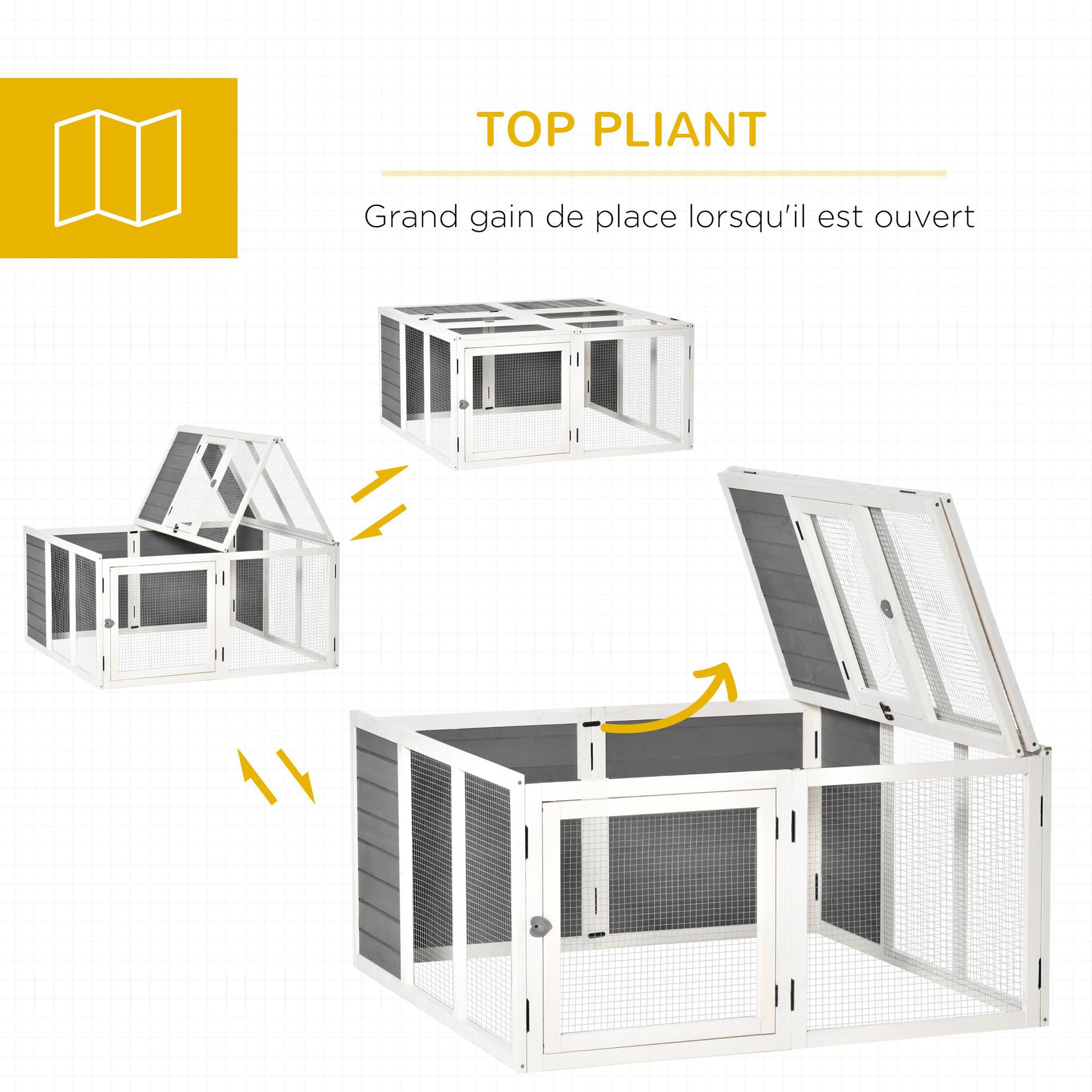 Voir la diapositive 6 : PAWHUT Clapier de sol enclos extérieur 2 portes verrouillables toit pliant ouvrant fil métallique bois sapin pré-huilé peint gris blanc