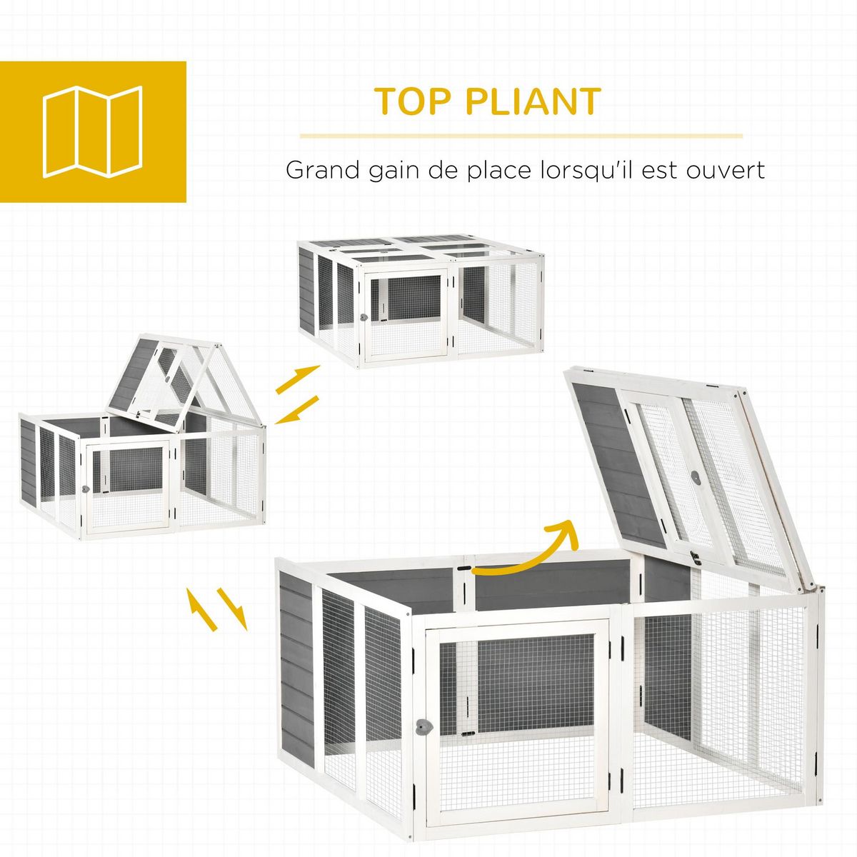 PAWHUT Clapier de sol enclos extérieur 2 portes verrouillables toit pliant ouvrant fil métallique bois sapin pré-huilé peint gris blanc
