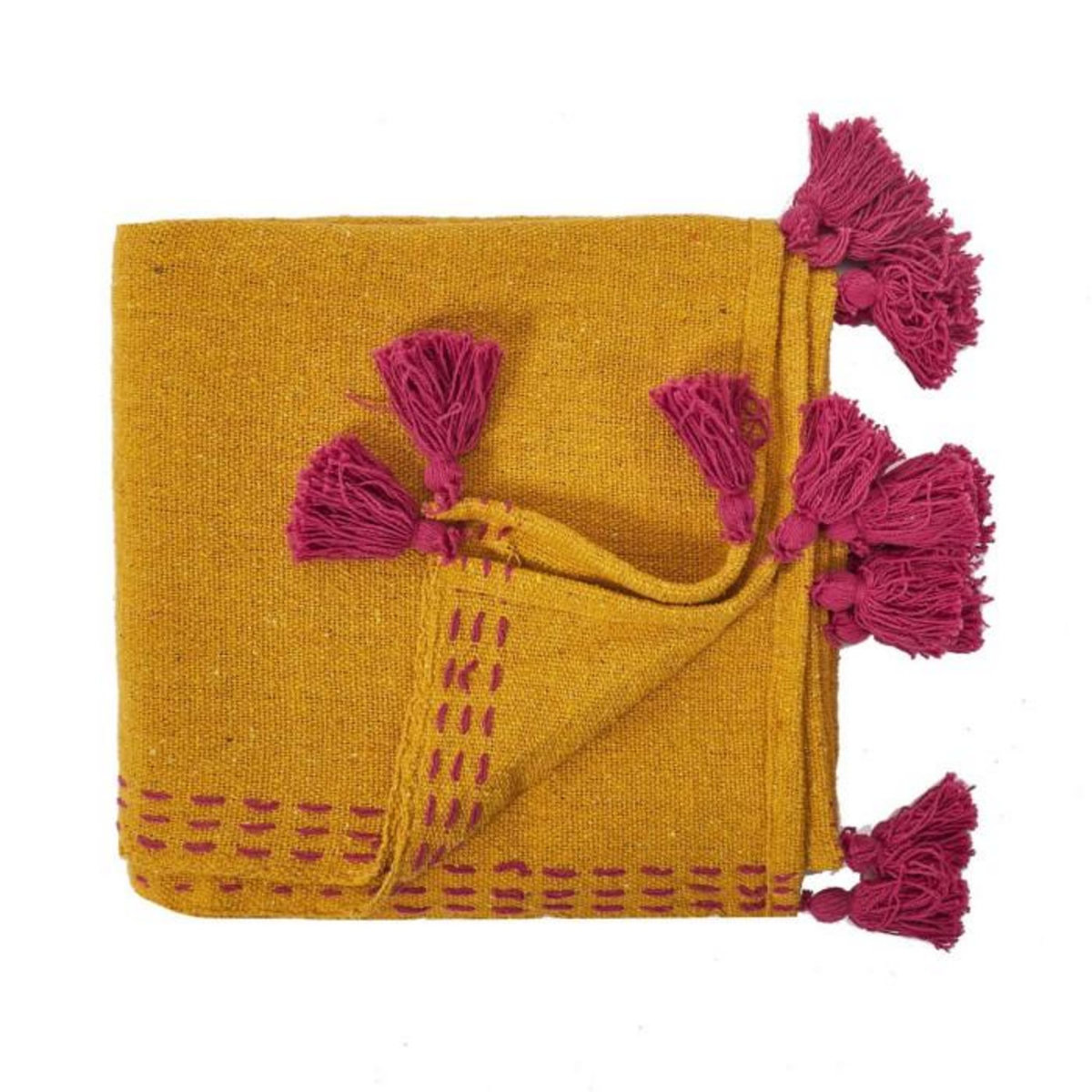 Paris Prix Jeté de Canapé Coton  Pompons  130x150cm Ocre