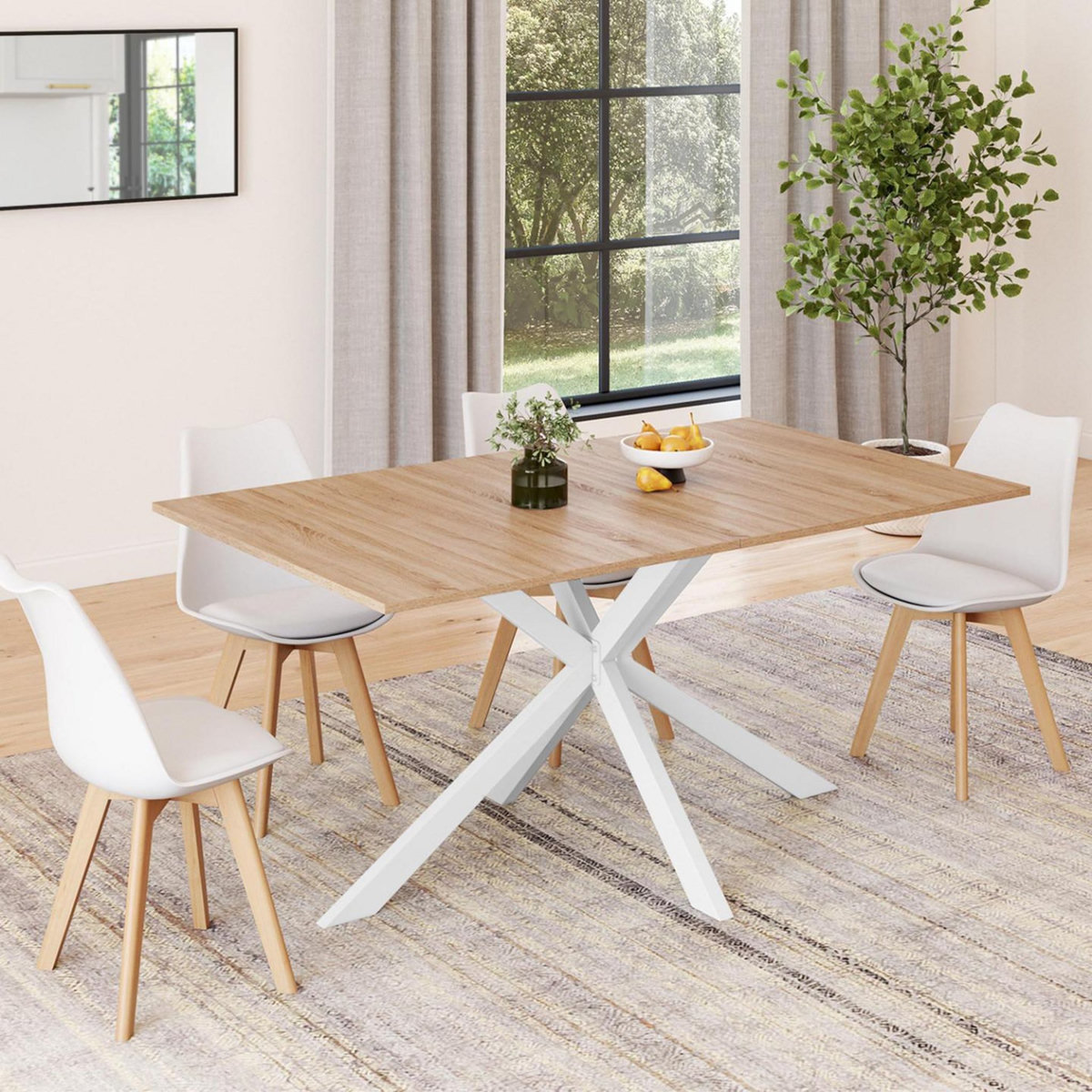 ID MARKET Table à manger rectangle ALIX 8 personnes pied araignée bois et blanc 160 cm
