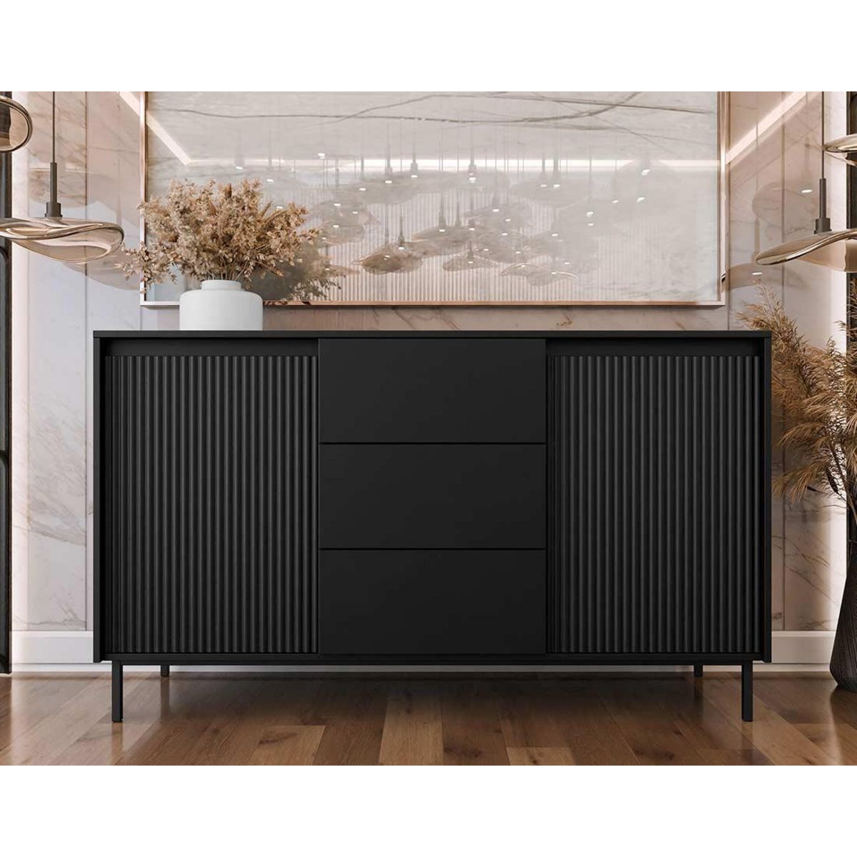 BEST MOBILIER Girona - buffet bas - noir - 3 tiroirs et 2 portes - 153 cm