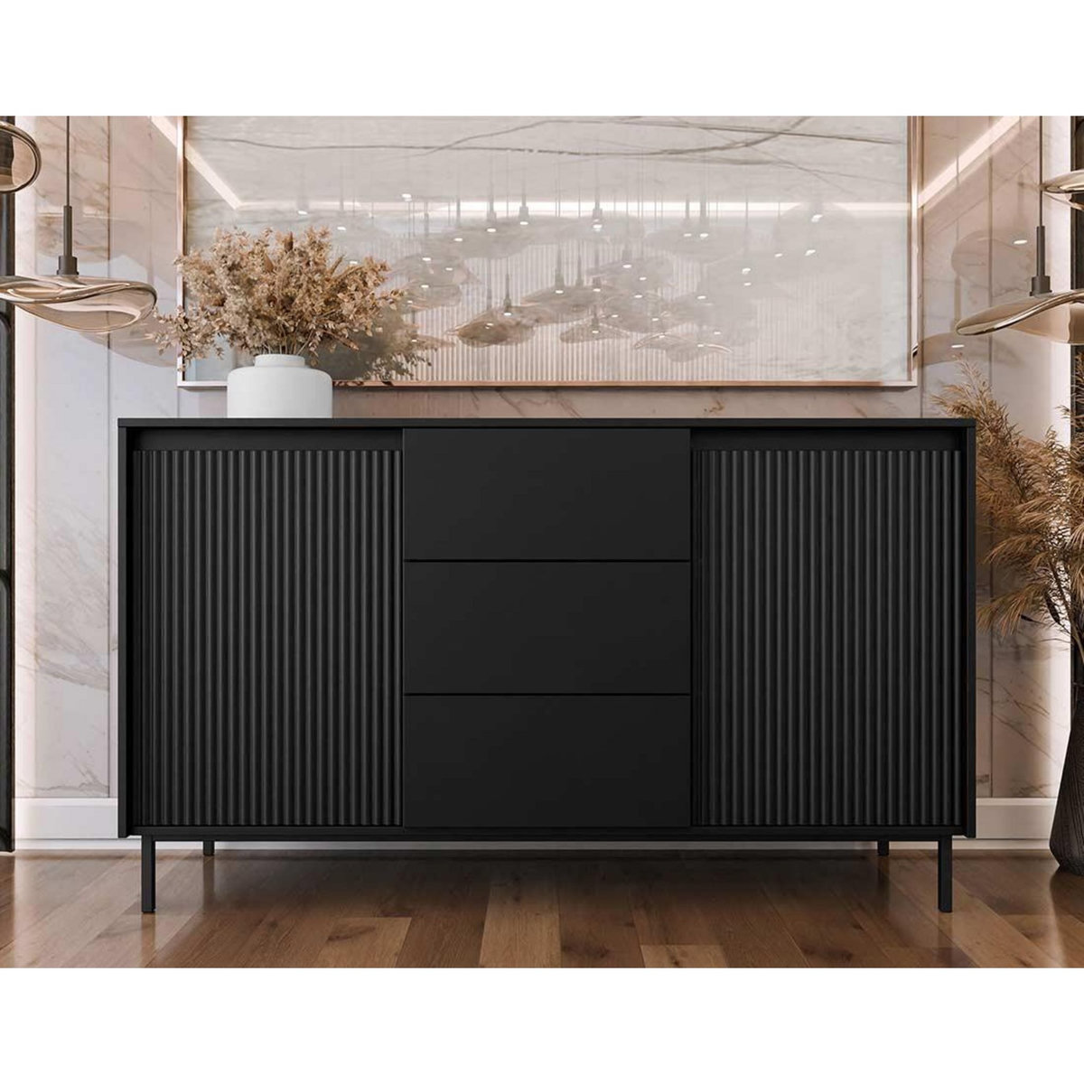 BEST MOBILIER Girona - buffet bas - noir - 3 tiroirs et 2 portes - 153 cm