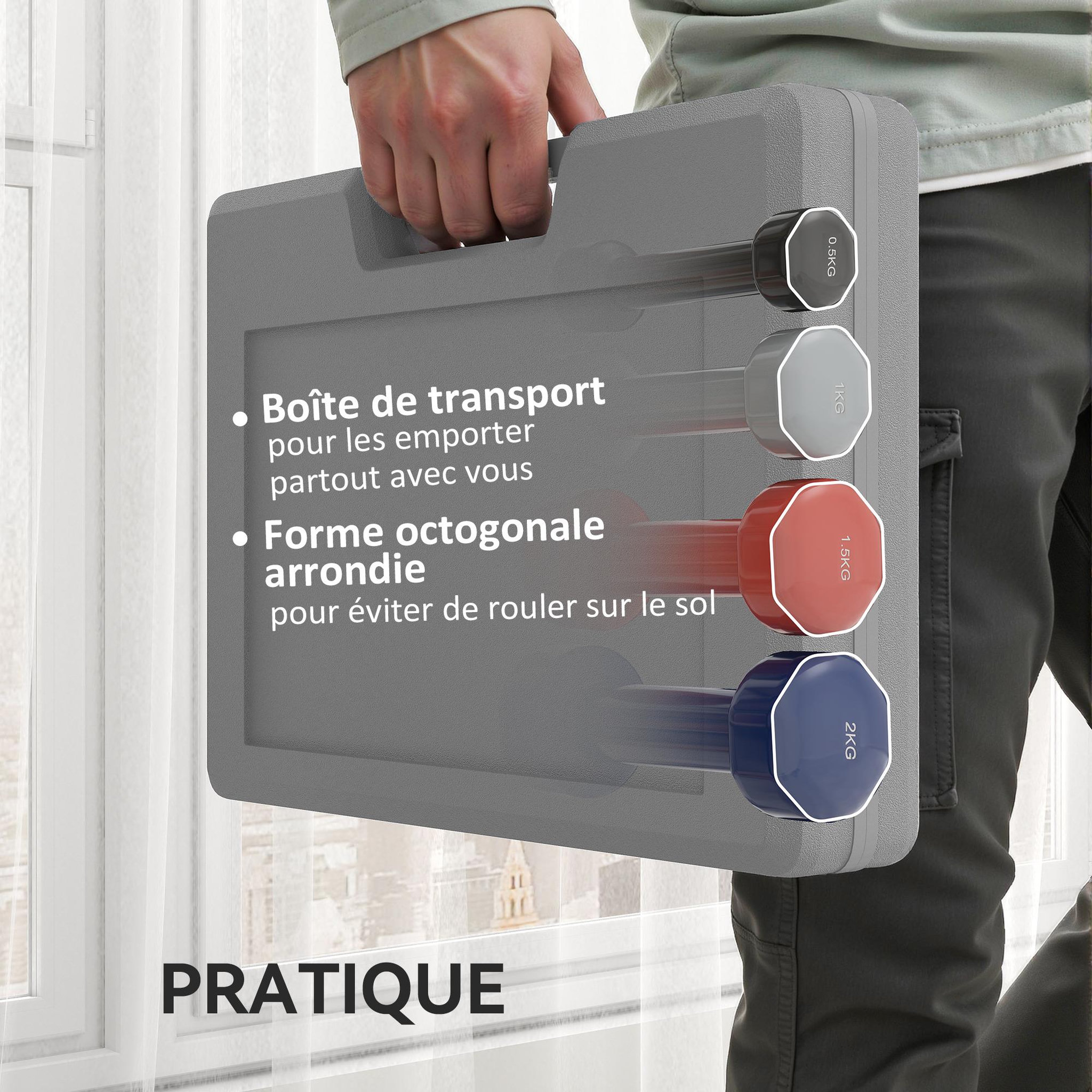 Voir la diapositive 6 : HOMCOM Ensemble d'haltères courtes total 10 Kg - collaboration Aosom.fr x FFHandball - paires de 0,5/1/1,5/2 Kg avec malette - métal PU multicolore