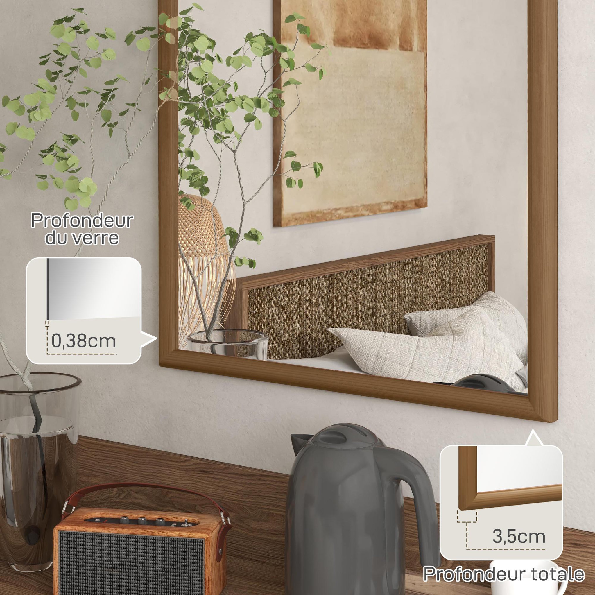 Voir la diapositive 4 : HOMCOM Miroir mural arche, 110 x 65 cm cadre en bois, miroir arqué pour le salon, la chambre, l'entrée, brun foncé