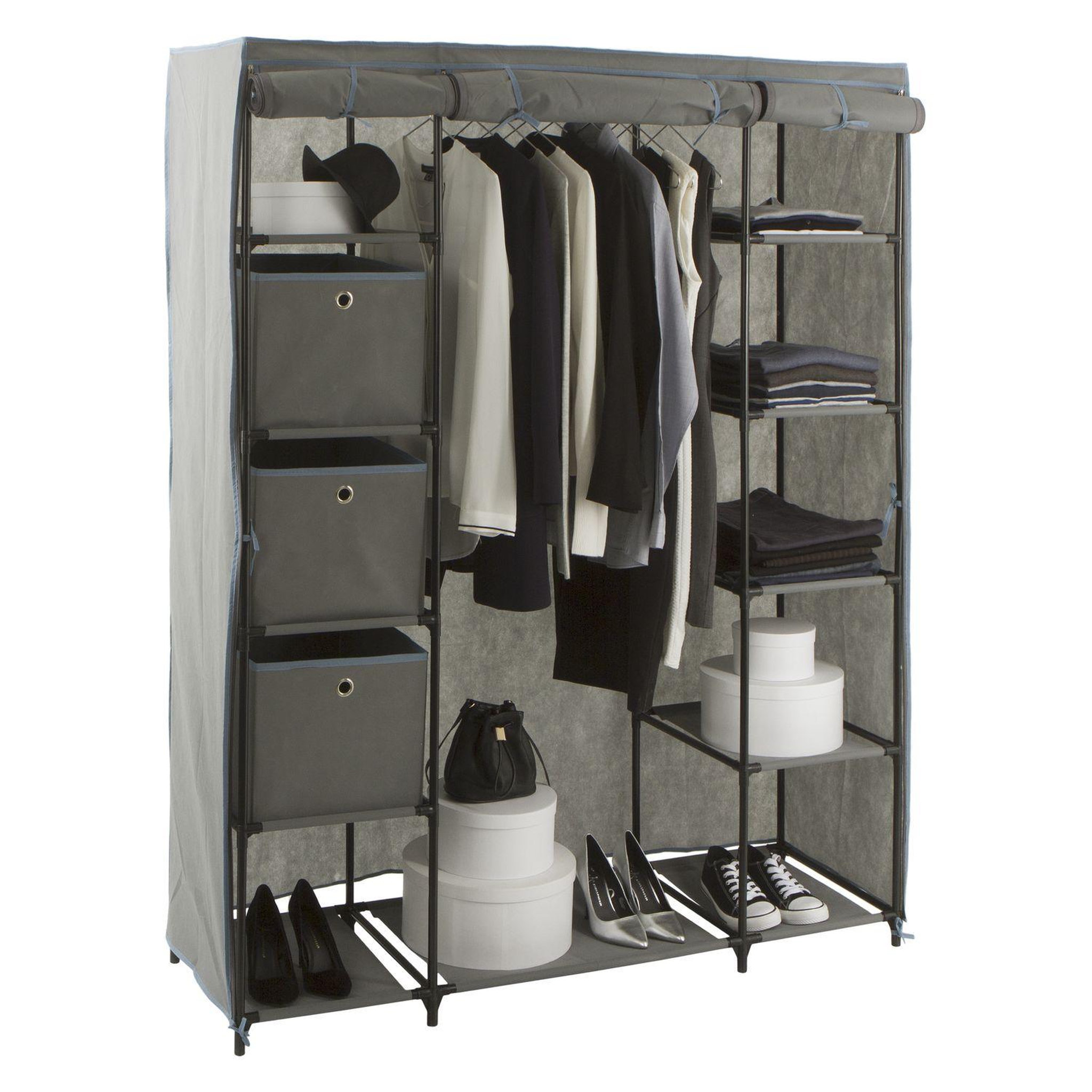 Voir la diapositive 3 : FIVE Armoire en tissu avec penderie, étagères et boites de rangement - Gris anthracite