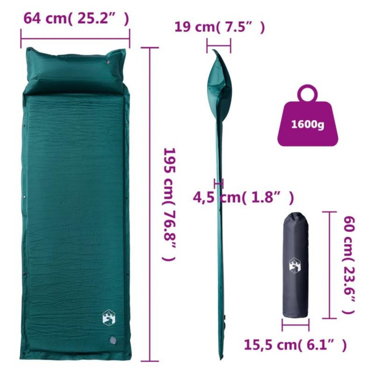 VIDAXL Matelas de camping autogonflant avec oreiller 1 personne vert