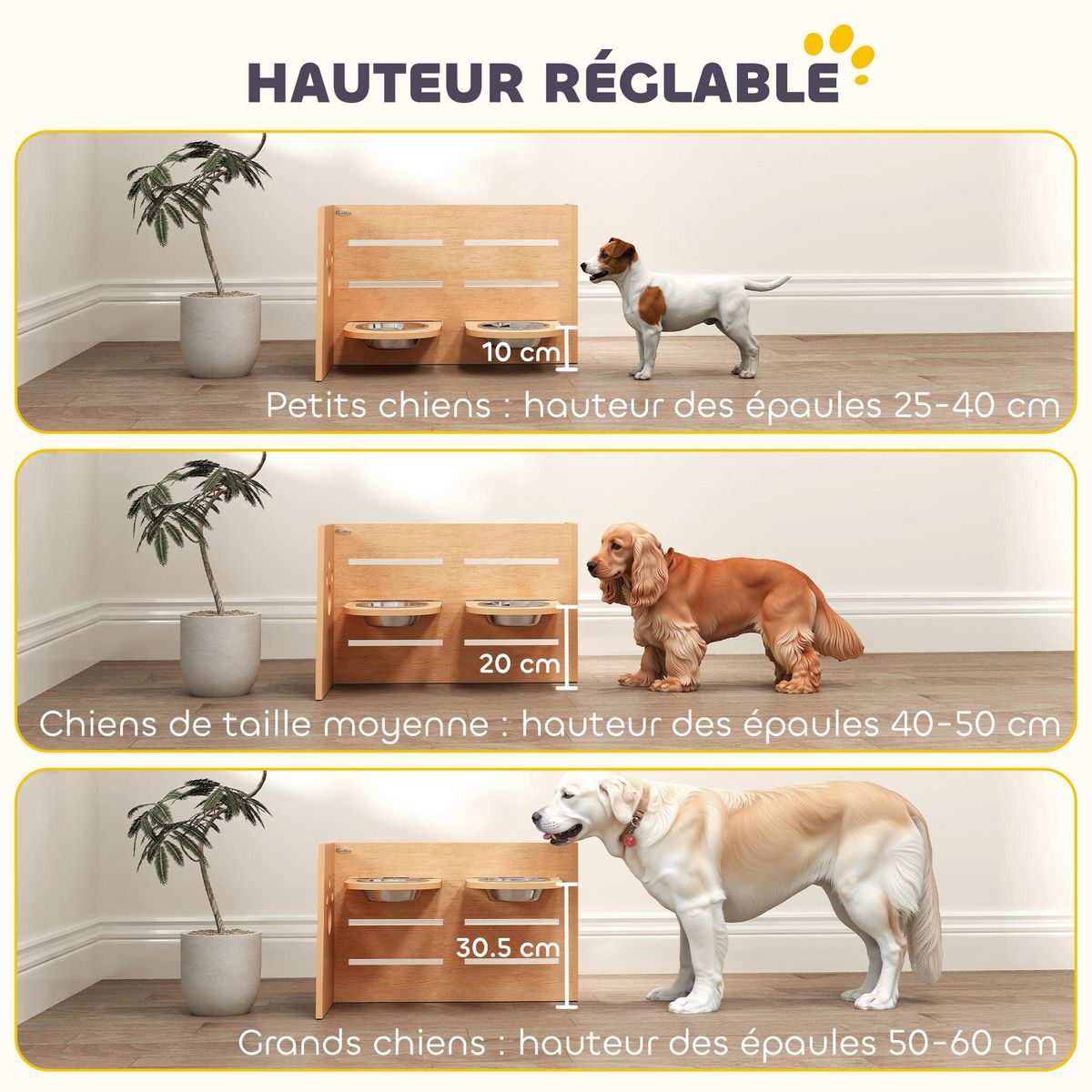 PAWHUT Porte-gamelles modulable réglable écuelles incluses idéal pour 2 chiens aspect bois acier inox