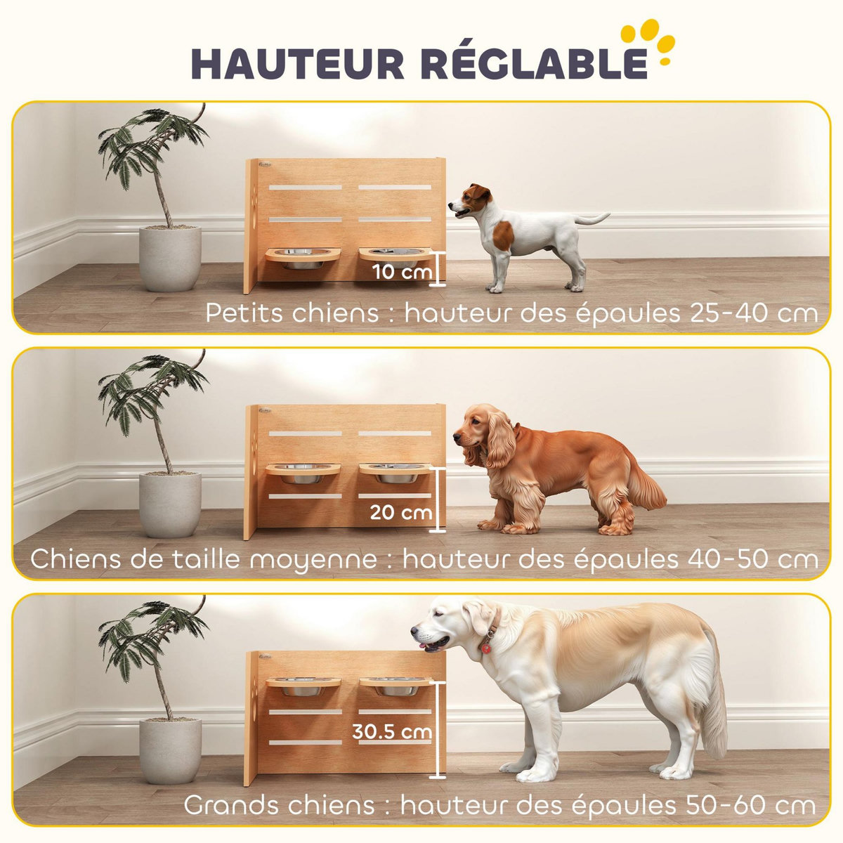 PAWHUT Porte-gamelles modulable réglable écuelles incluses idéal pour 2 chiens aspect bois acier inox