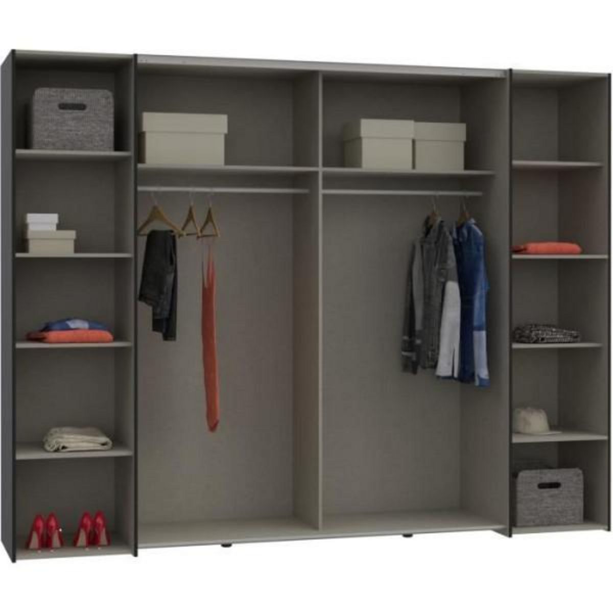 MARKET24 Armoire de chambre - NARAGO - Noir / Blanc - 2 portes battantes, 2 portes coulissantes - 270,3 x 61,2 x 210,5 cm