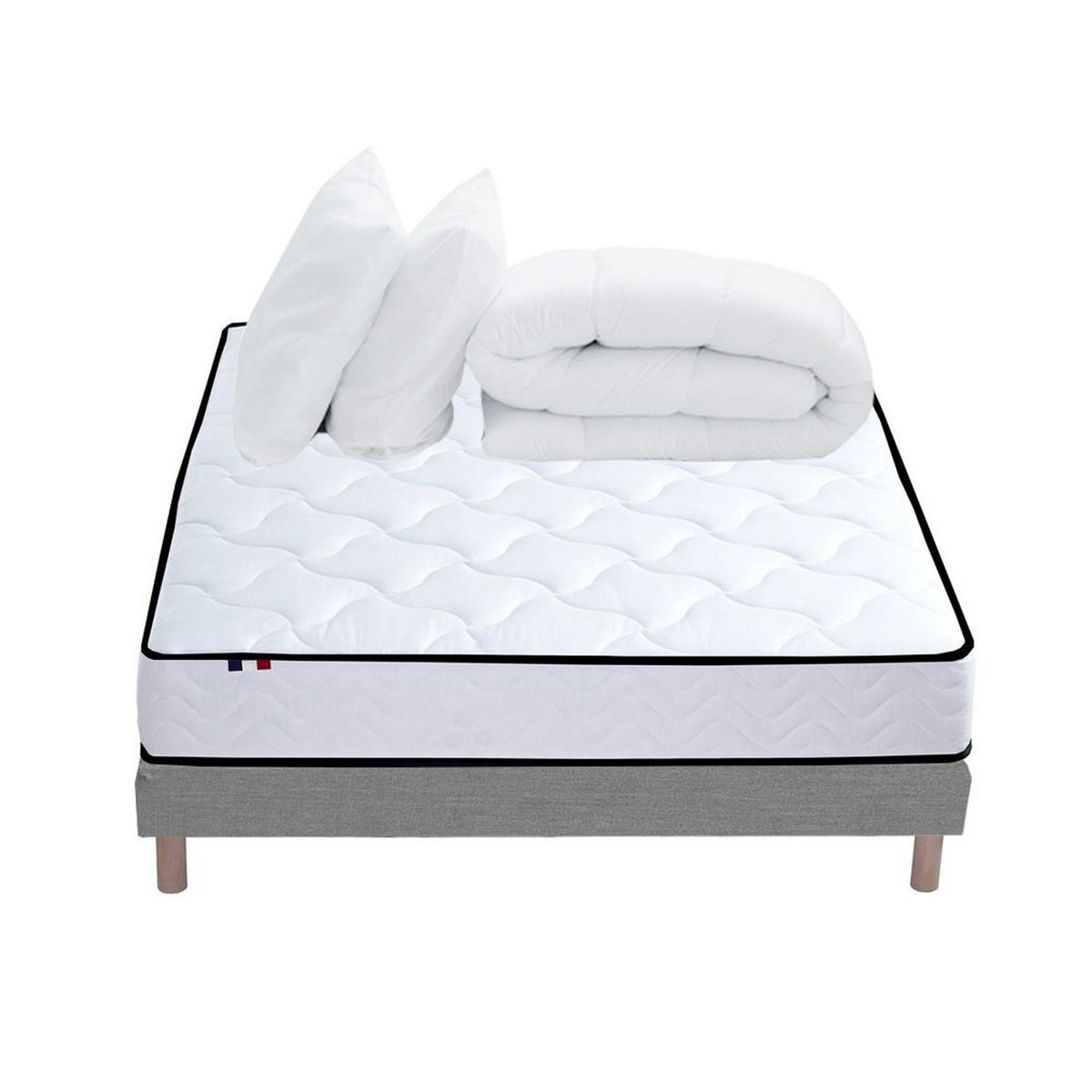 IDLITERIE Pack Ensemble Matelas Ressorts + Mémoire de forme + sommier + couette + oreillers ELOISE Made in France 140 x 190 Sommier Gris chiné