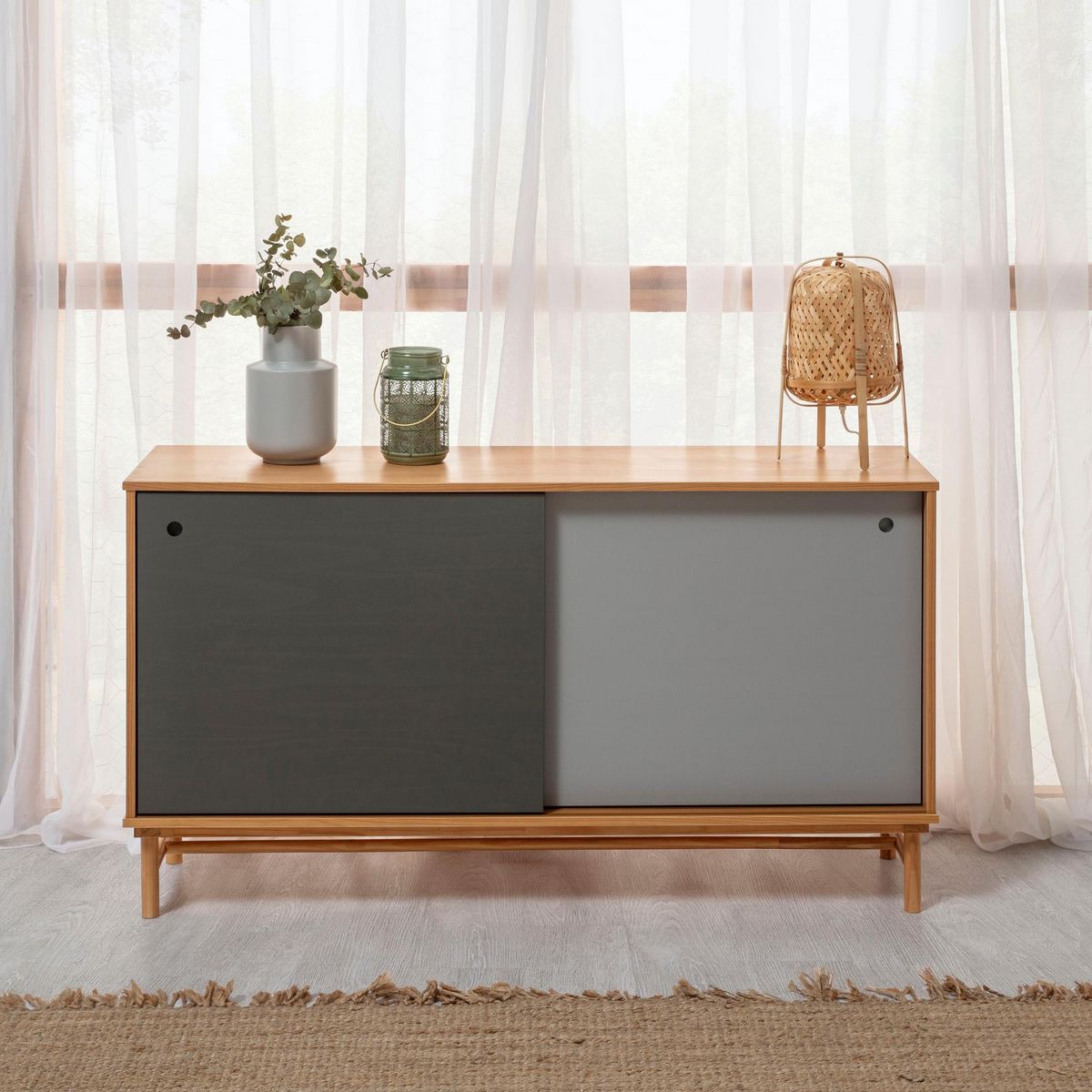 VS VENTA-STOCK Buffet Magnus 2 portes coulissantes couleur Gris, bois massif, 140 cm Largeur