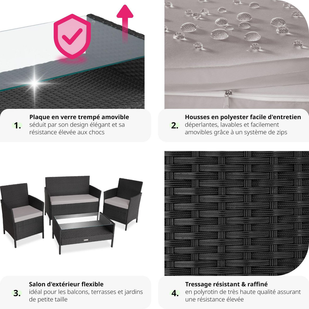tectake Salon de jardin Pour 4 personnes noir/gris